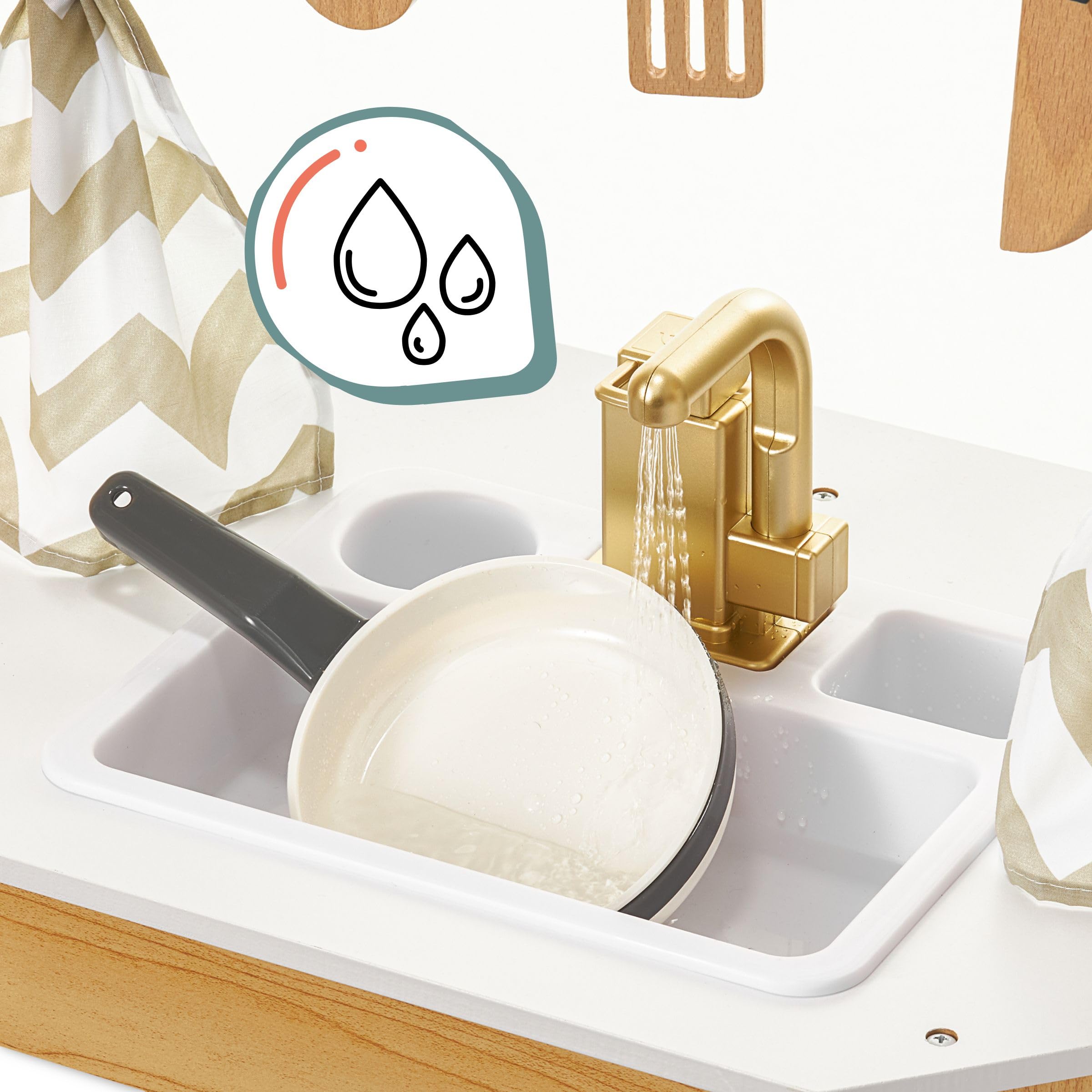 Mamabrum Cucina in Legno per Bambini 3+, Set XXXL con Luci LED, Caffettiera, Pentole, Frutta e Verdura | 50 Pezzi di Accessori Giocattolo