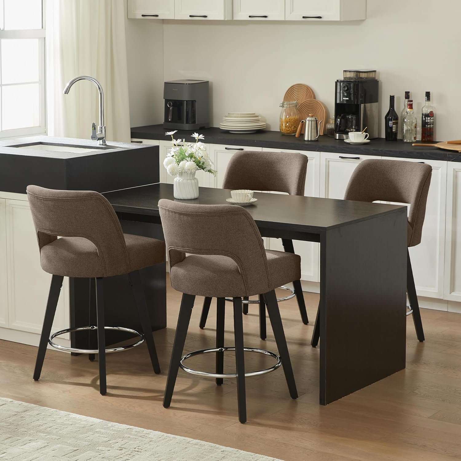 VKNOW 26" Swivel Counter Height Bar Stools Set of 4, Upholstered BarStools with Rubberwood Legs and Supportive Back, Modern Counter Stools for Kitchen Island, Home Bar, Brown