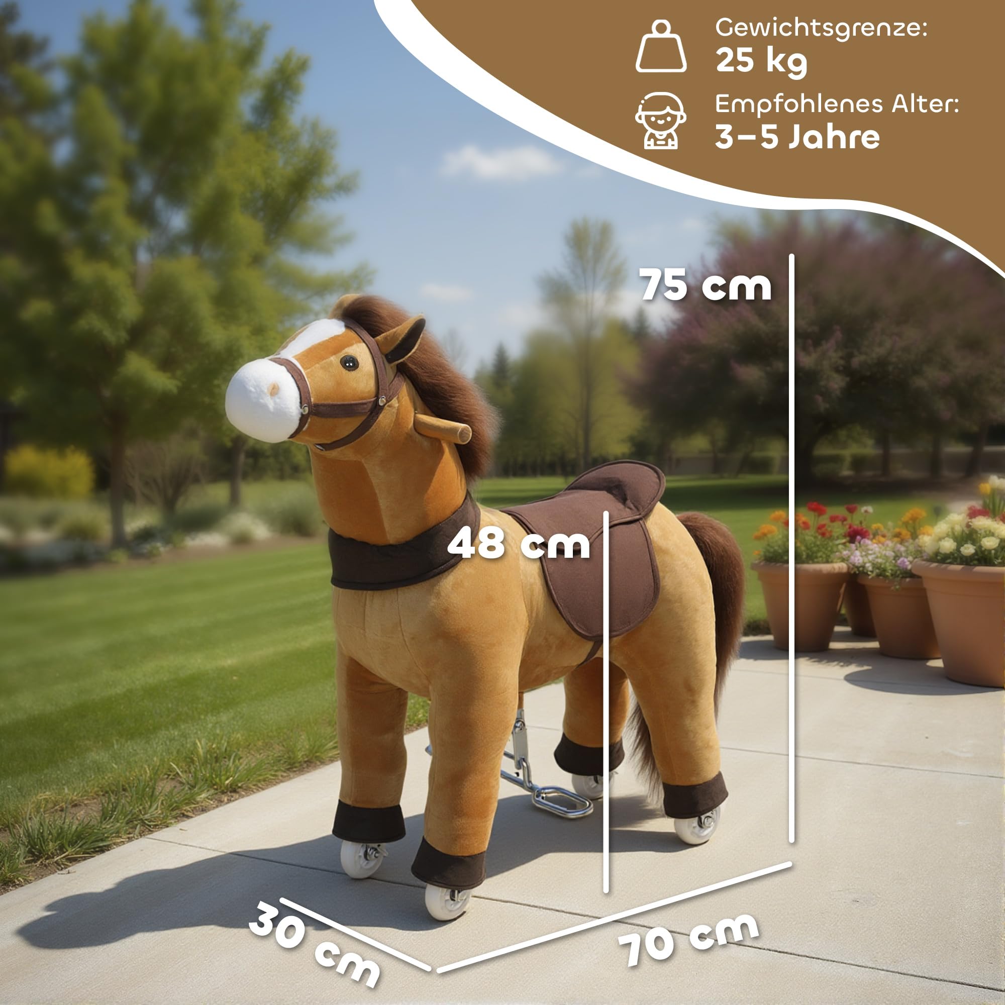 AIYAPLAY Reitpferd, Spielpferd zum Reiten mit Sattel Rollen, 75 cm Stehpferd, Plüschpferd für Kinder 3-5 Jahre, bis 25 kg, Dunkelbraun