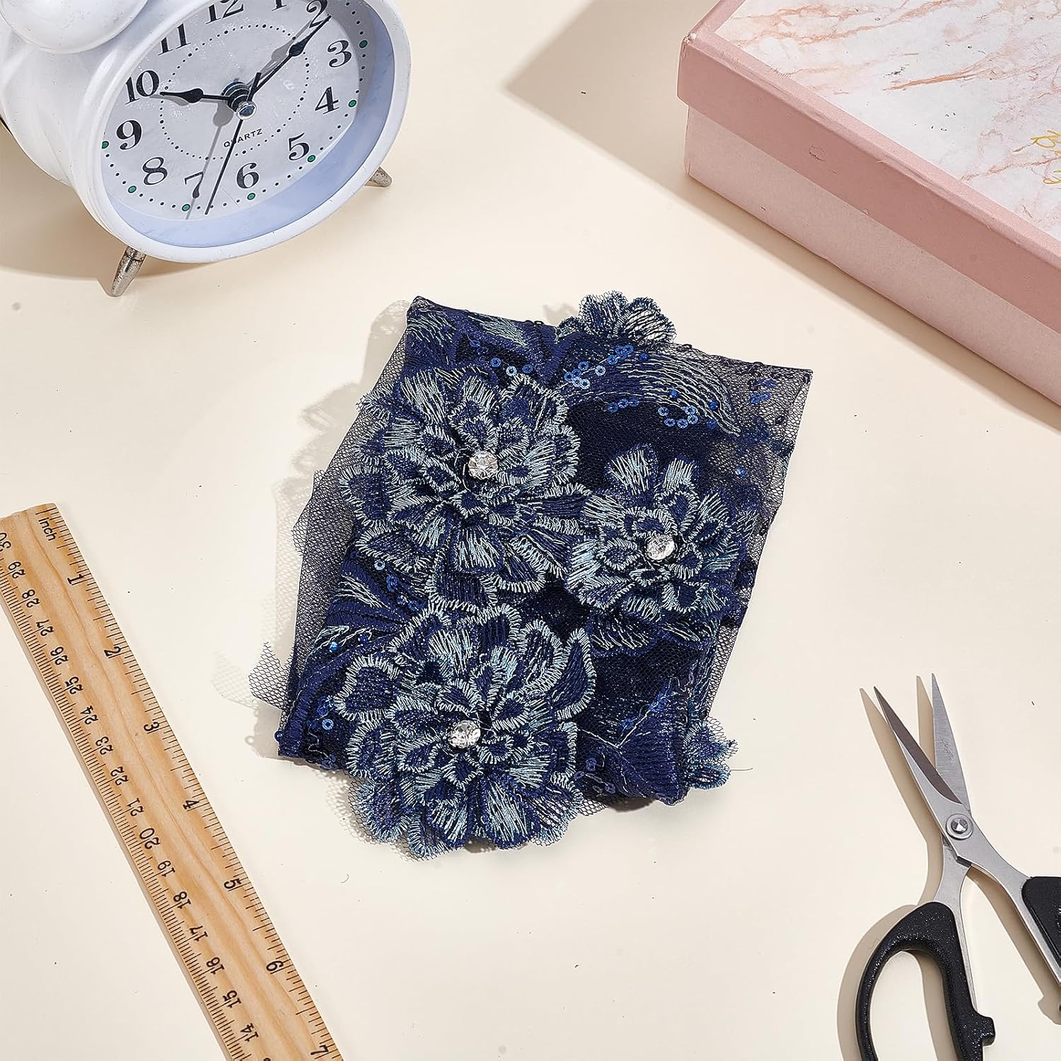 3D Embroidery Flower Beaded Rhinestones Pearl Lace Applique, 13.38" x 8.66" Navy Blue Sew on Floral Mesh Patch, DIY Patches Accessory for Wedding Dresses Neckline Bodice Pants