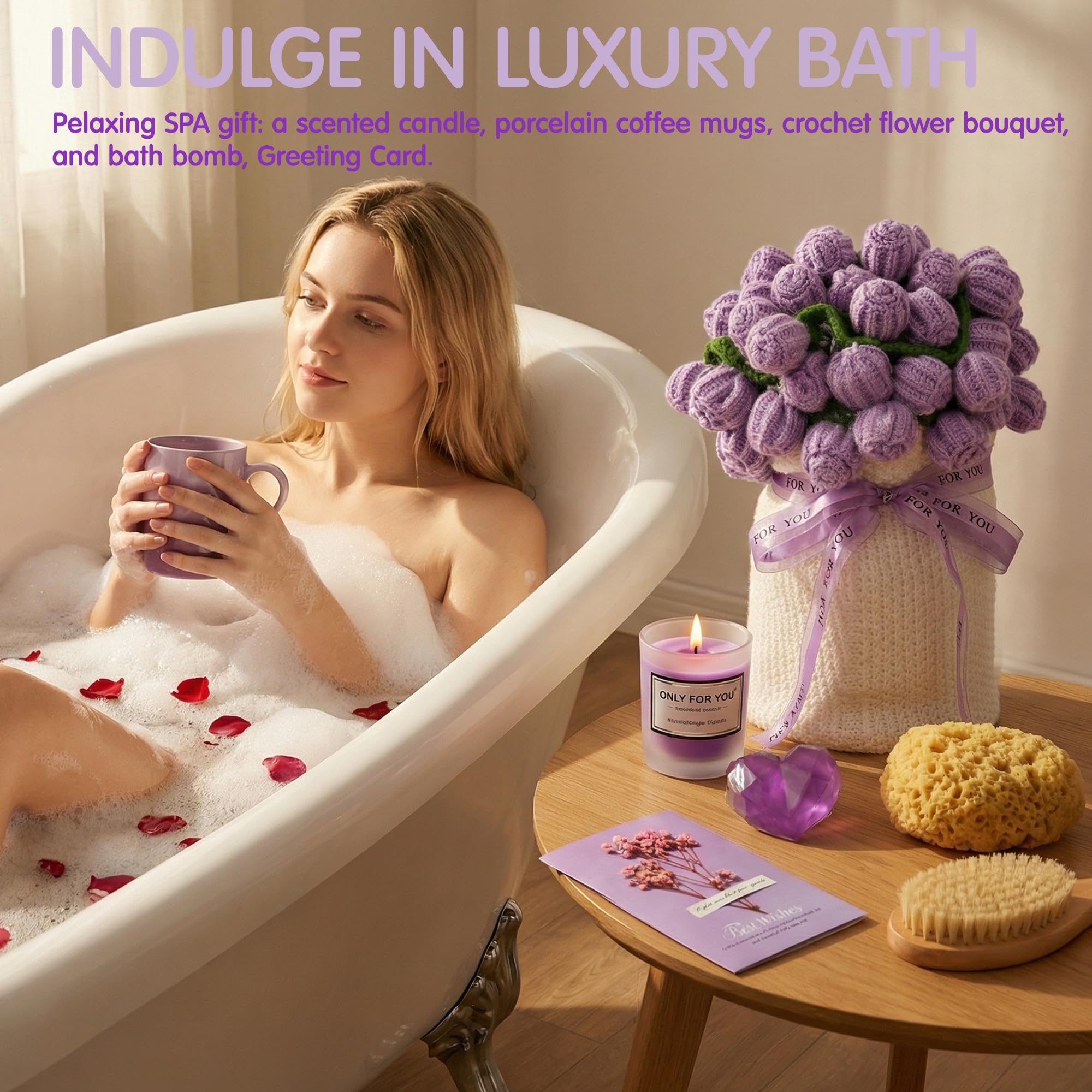 Regalos de cumpleaños para el día de la madre, paquete de cuidado personal para mujeres, cestas de regalo de bienestar pronto, juego de regalo de spa con ramo de flores de ganchillo, regalos únicos