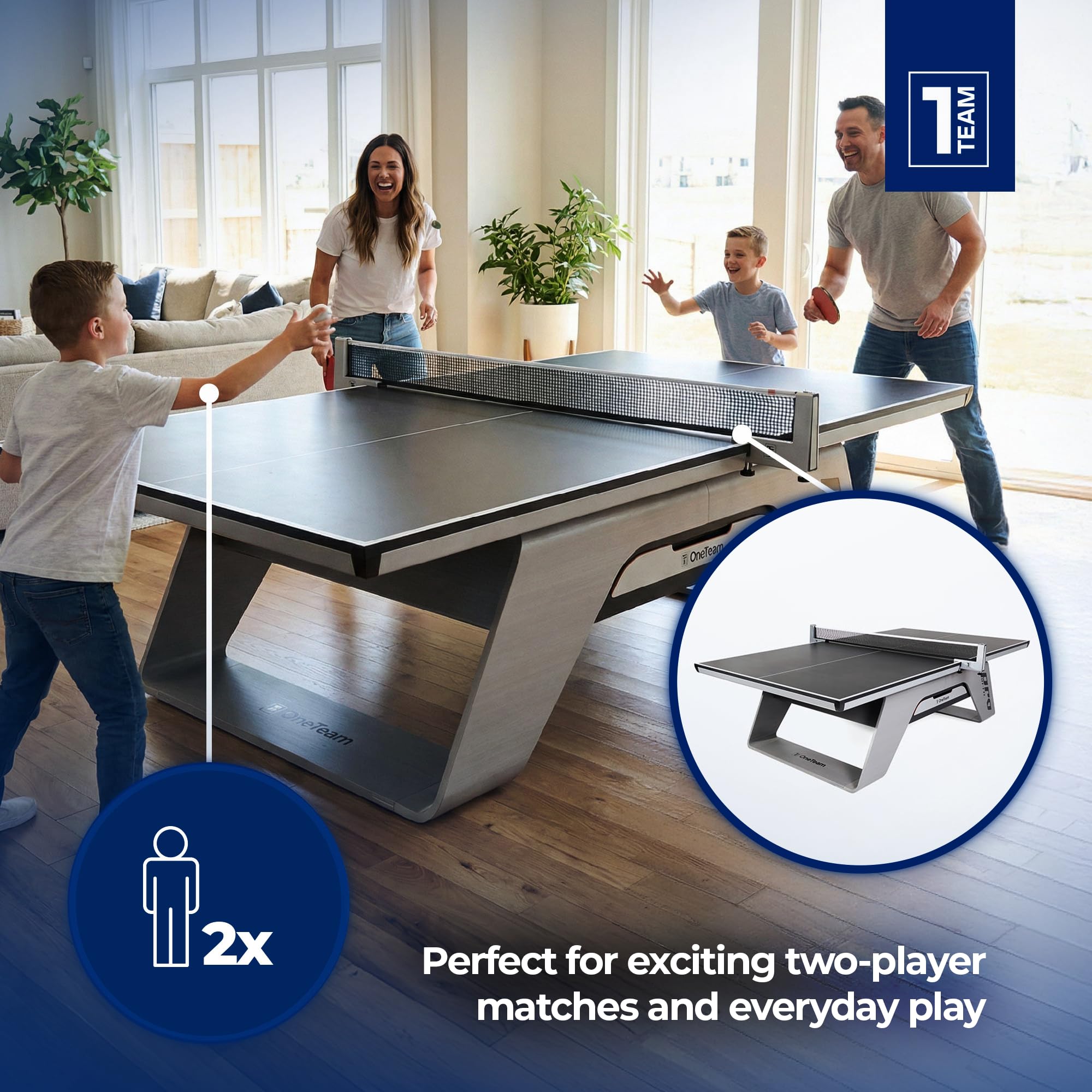 OneTeam Tischtennisplatte Indoor Profi – 22mm MDF Turnierplatte – 274x152,5x76 cm – Stabil 147kg – Mit Netz & Schublade – OT-TTI-PRO Schwarz/Bambus Design