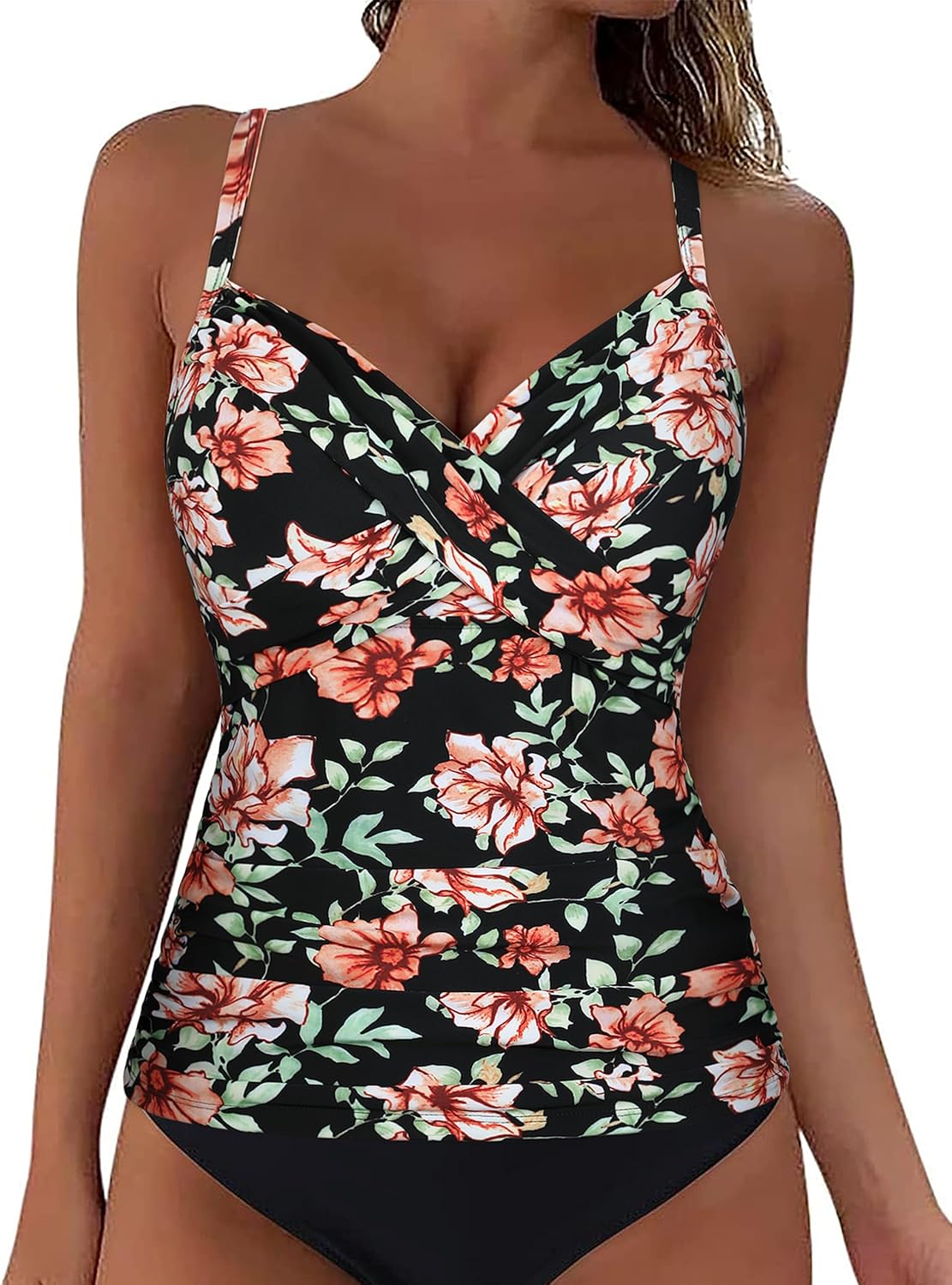 Firpearl Underwire Tankini Swimsuits for Women Twist V Neck Swim Top for Big Busted Tummy Control Bathing Suit Tops Only
