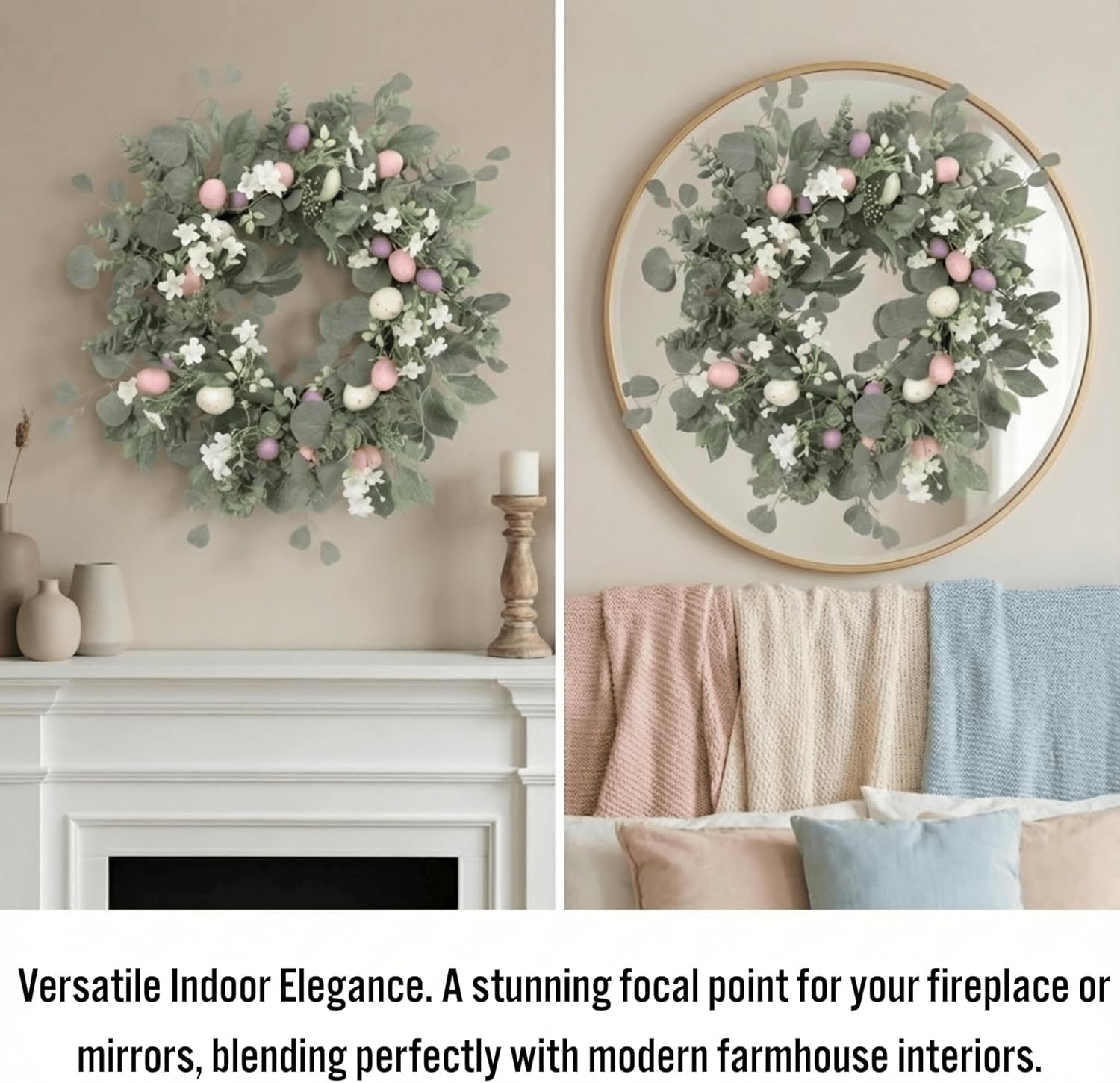 22 Inch Easter Wreath for Front Door, Spring Eucalyptus Wreath with Pastel Speckled Eggs & White Jasmine Flowers, Farmhouse Summer Outdoor Holiday Décor