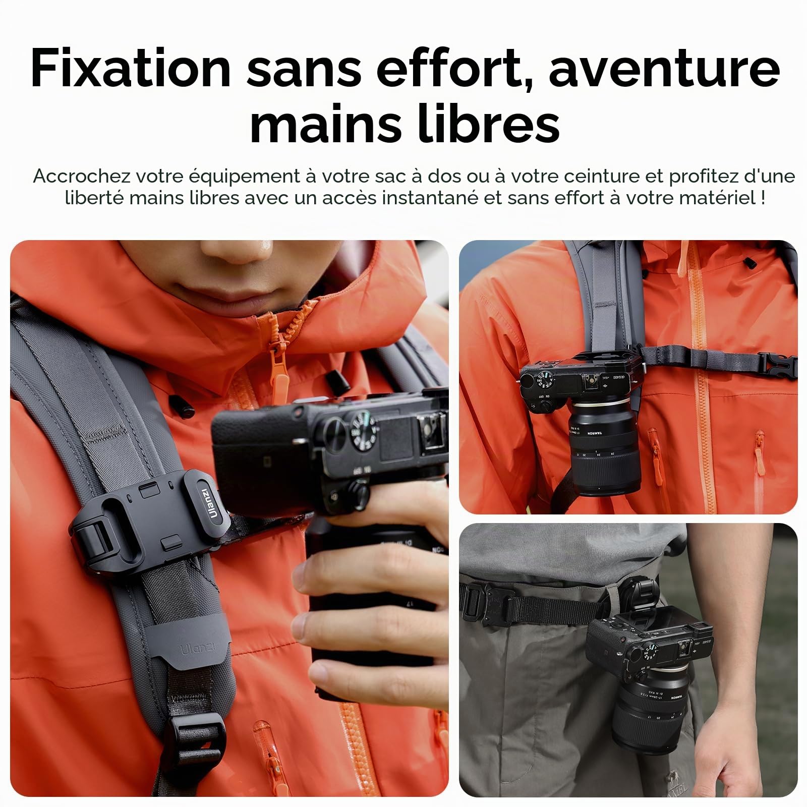 ULANZI Clip de sangle pour sac à dos d'appareil photo, avec système de déverrouillage rapide, compatible avec plaques UKA-QR, pour Sony, Nikon, Fuji, support pour caméra d'action DSLR, supporte