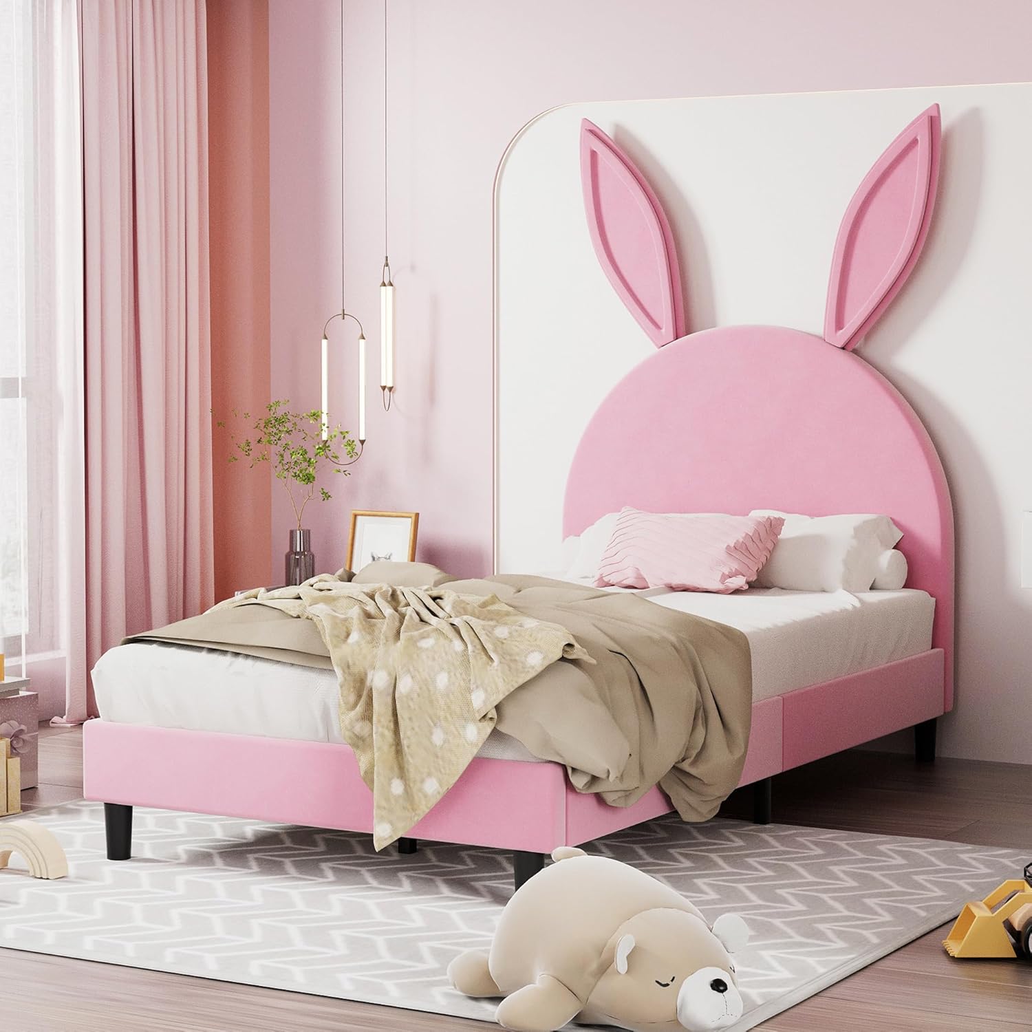 VECELO Twin Size Bed Frame Upholstered with Headboard, Strong Platform with Crown for Kids Girls, Wooden Slats Support, No Box Spring Needed, Purple