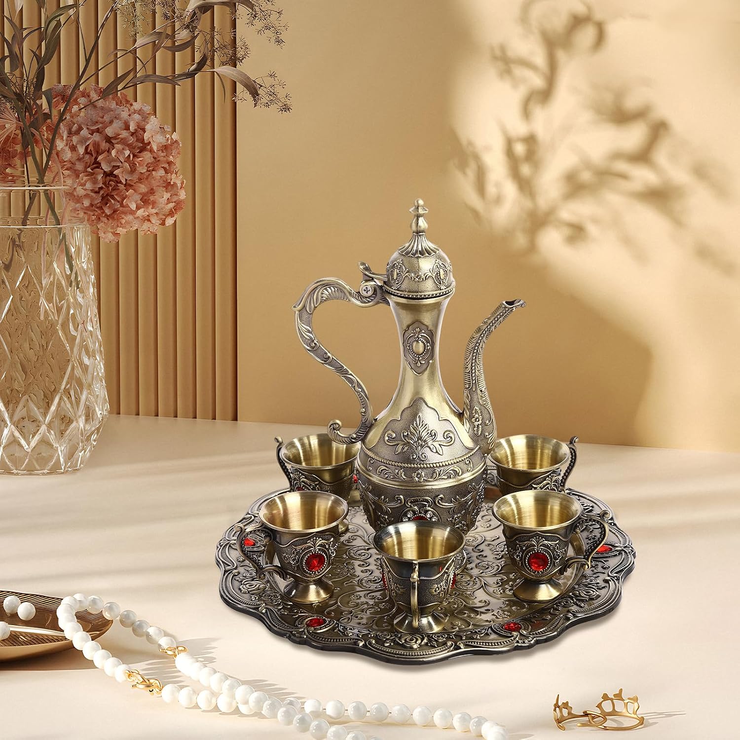 Tea Service Set, Tea Pot Set, Vintage Coffee Pot and Cups Set, Tea Service Set for Tea Table Decor, Vintage Tea Set, Turkish Tea Set, for Living Room, Dining Room, Bedroom, Coffee Shop (Bronze+Red)