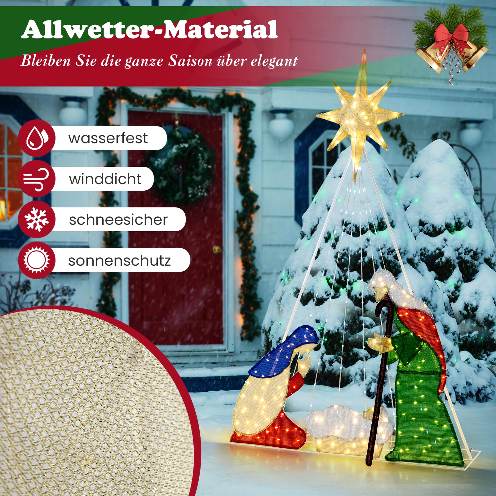COSTWAY Krippe Weihnachten, 180 cm große Weihnachtskrippe mit 240 warmweißenLED-Lichtern, beleuchtete Weihnachtsdeko Krippenszene, Weihnachtsdekoration, Weihnachtsbeleuchtung für außen, innen