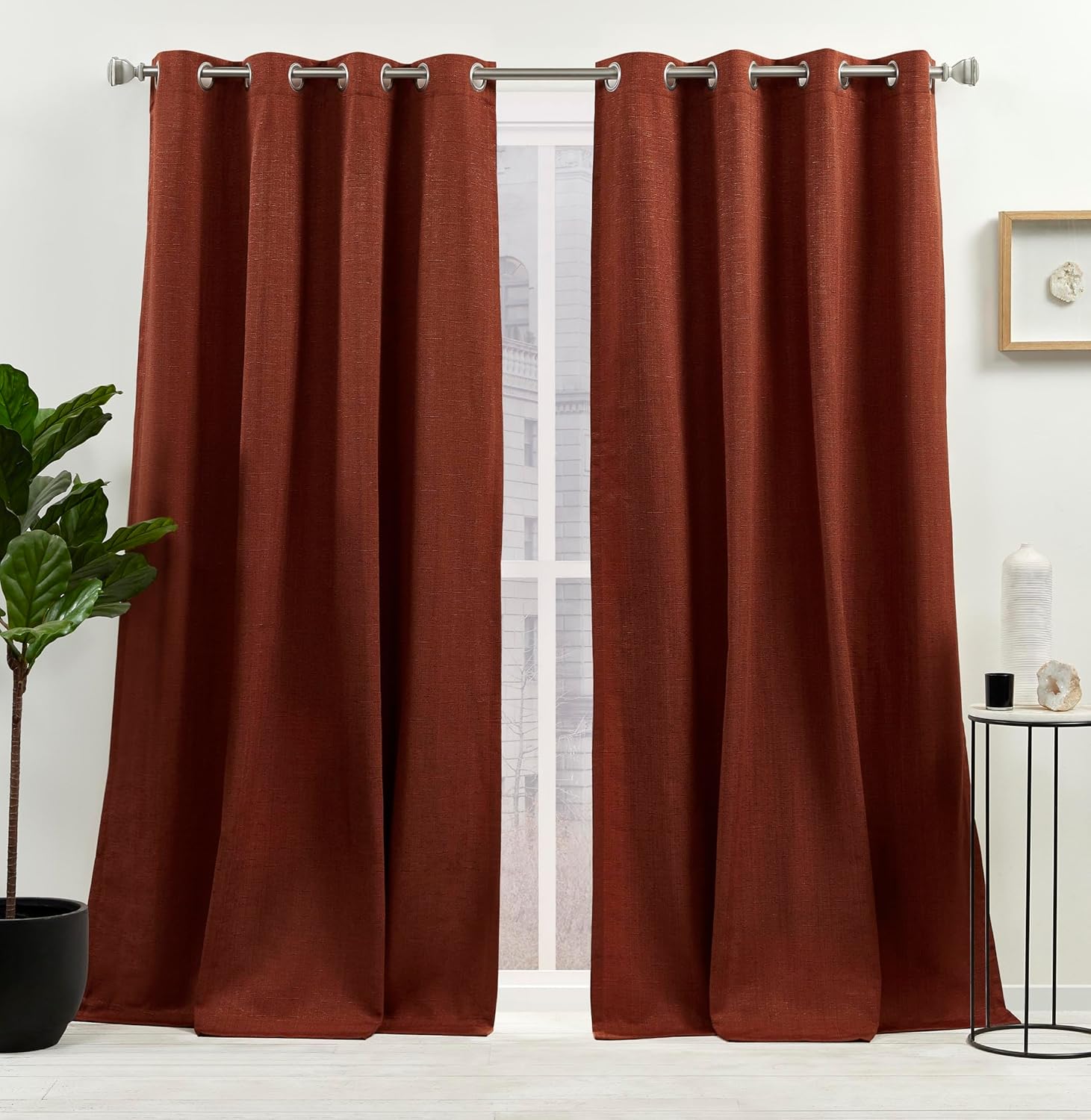 Nicole Miller New York Sawyer Cotton Blend Grommet Top Light Filtering Curtain Panels, 52"x96", Brick Red, Set of 2