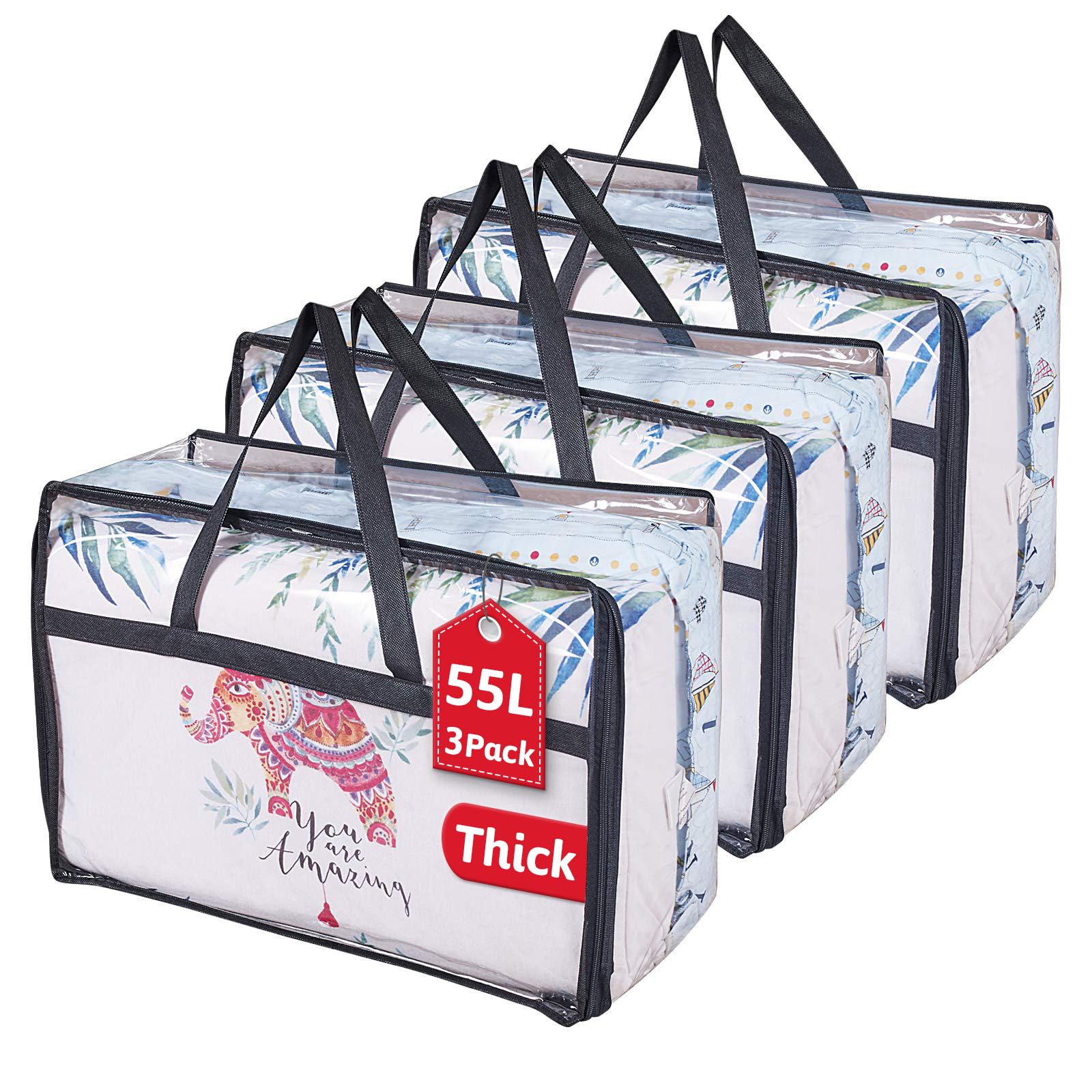 OYOUNGNI 3 Transparente Aufbewahrungstasche für Kleidung, Organizer mit verstärktem Griff, Vinyl-Aufbewahrungstaschen für Tröster, Decke, Bettwäsche, Spielzeug, 55 l, Schwarz