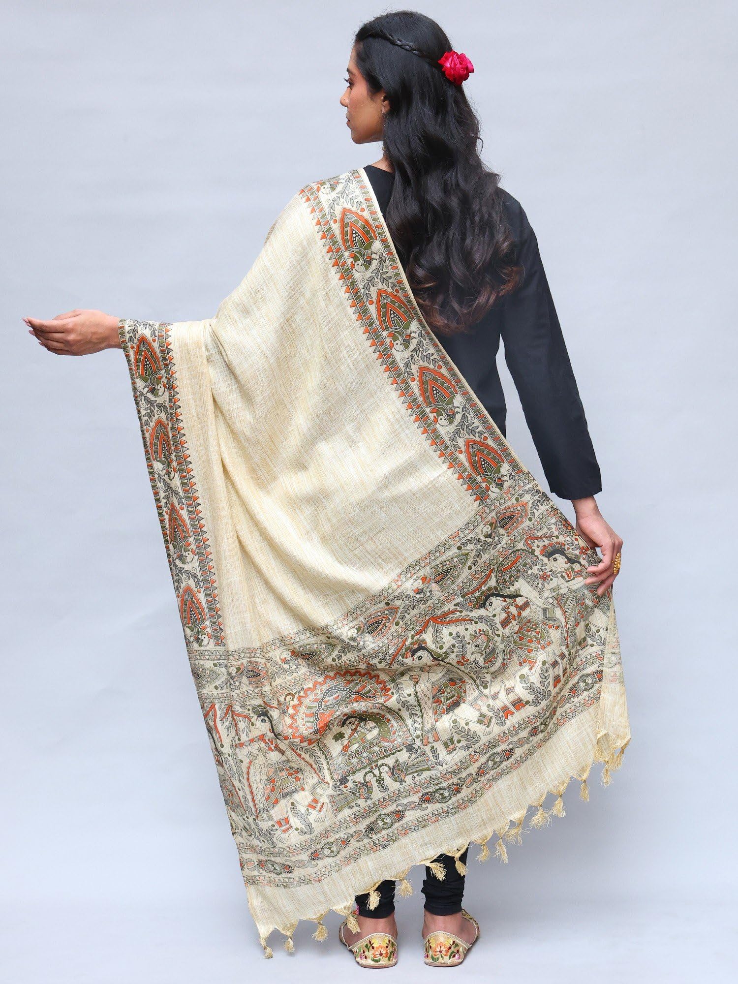 Exotic India Damen-Schal aus Baumwolle von Khadi mit Madhubani-Kunstdruck, schönes Design, weiches Gewebe, Stola, Schal für Mädchen