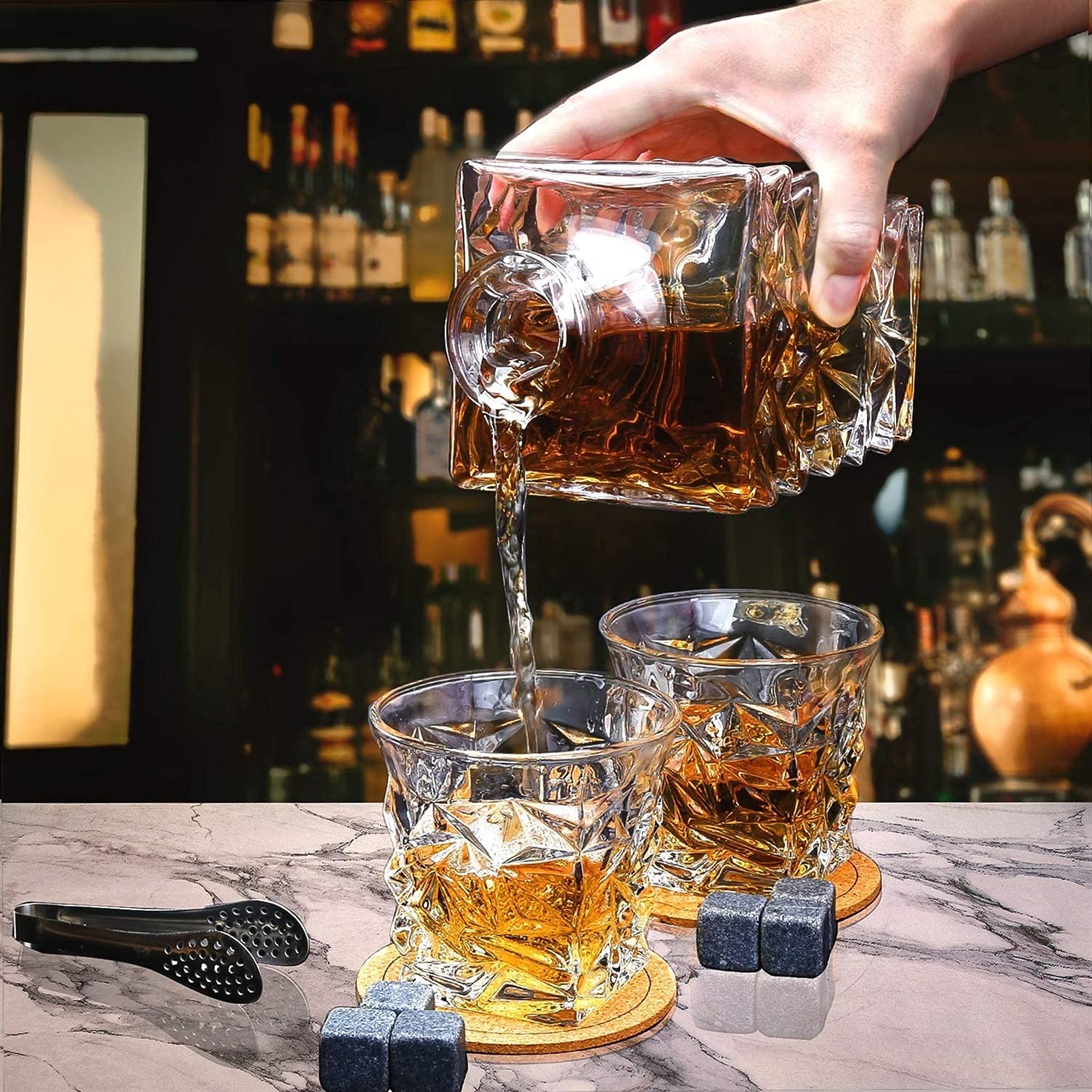 Zestaw karafek do whisky ze szklankami, Zestaw karafek do alkoholi kryształowych z 4 szklankami w pudełku Premium, Zestawy karafek do whisky dla mężczyzn, Szklanka do whisky, Koktajl, Wódka Whiske