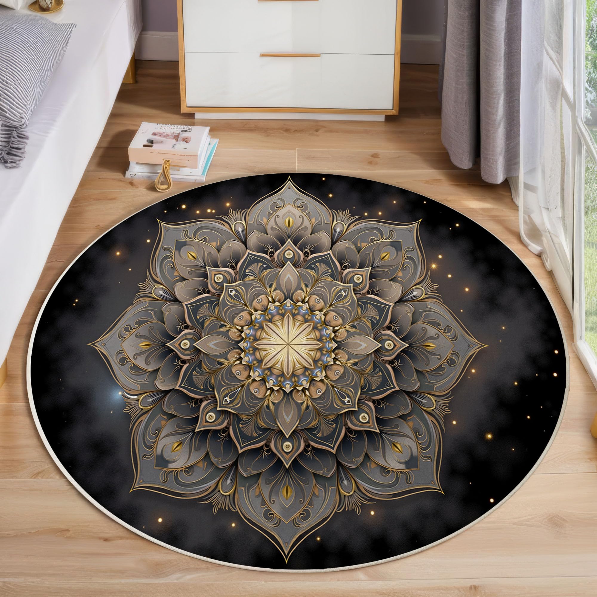 Tapis Rond Univers Mandala pour Salon, 100cm Circulaire Tapis Style Artistique Spirituel Douce Lavable Et Antidérapante pour Chambre Intérieure, Or