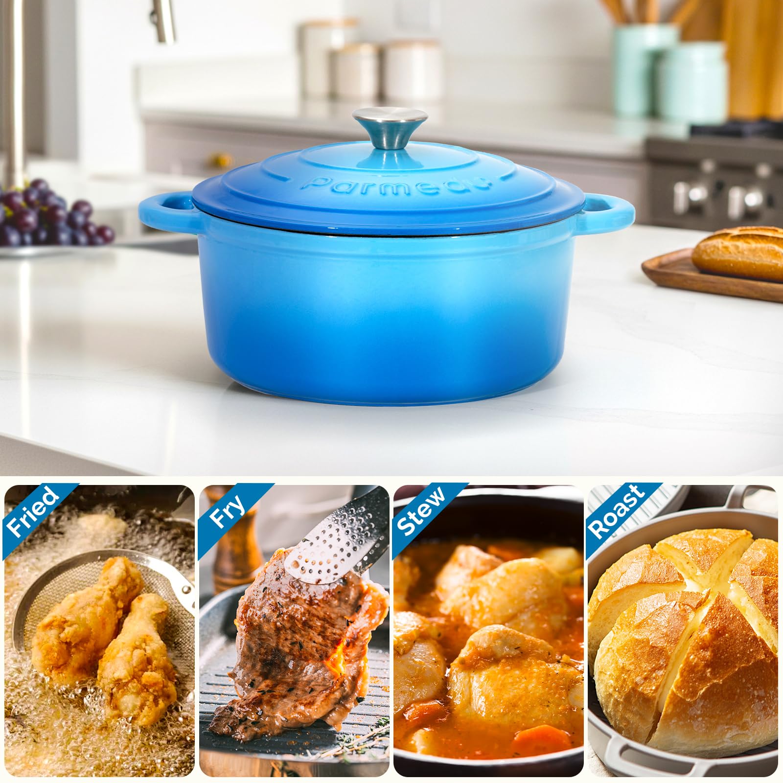Parmedu Horno holandés de hierro fundido esmaltado, olla de 5.5 cuartos de galón con tapa, doble asa, utensilios de cocina resistentes para estofar, guisos, asar, hornear pan, azul océano