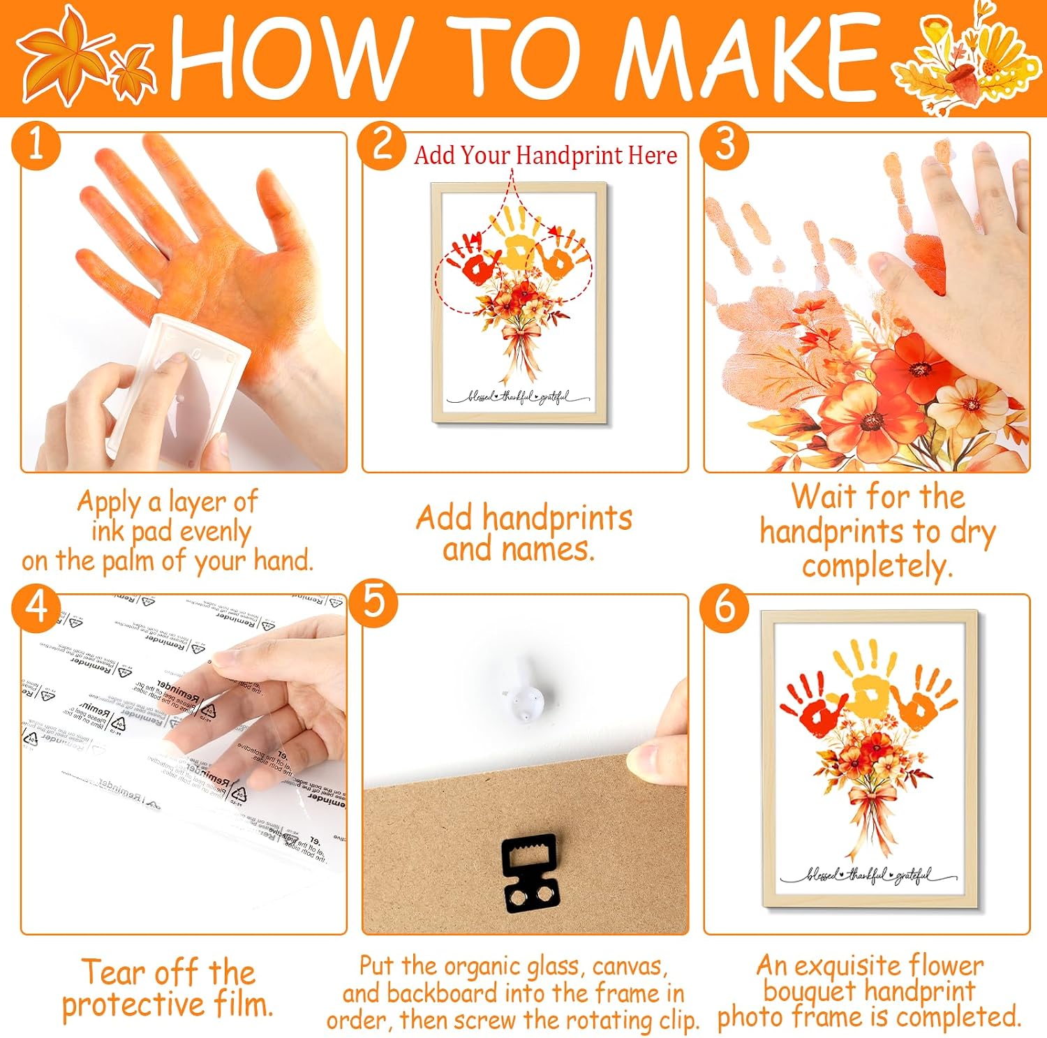 Fall Thanksgiving Flower Bouquet Handprint Art Craft DIY Kit Thanksgiving Day DIY Gifts Fall Thankful Family Handprint Art Keepsake with Wood Frame for Mom Dad Friend Holiday Birthday 12x16 Inch image 4