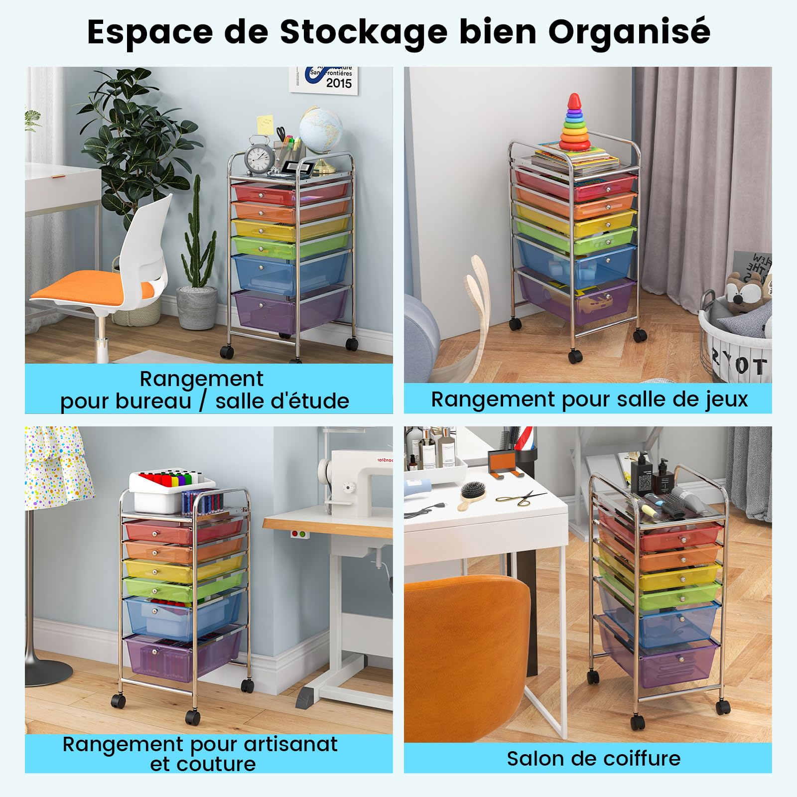 COSTWAY Chariot de Rangement à Roulettes avec 6 Tiroirs Plastiques, Tour de Rangement, Cadre en Métal, Desserte à Roulettes pour Bureau, Salon, Cuisine, Salle de Bain (Multicolore)