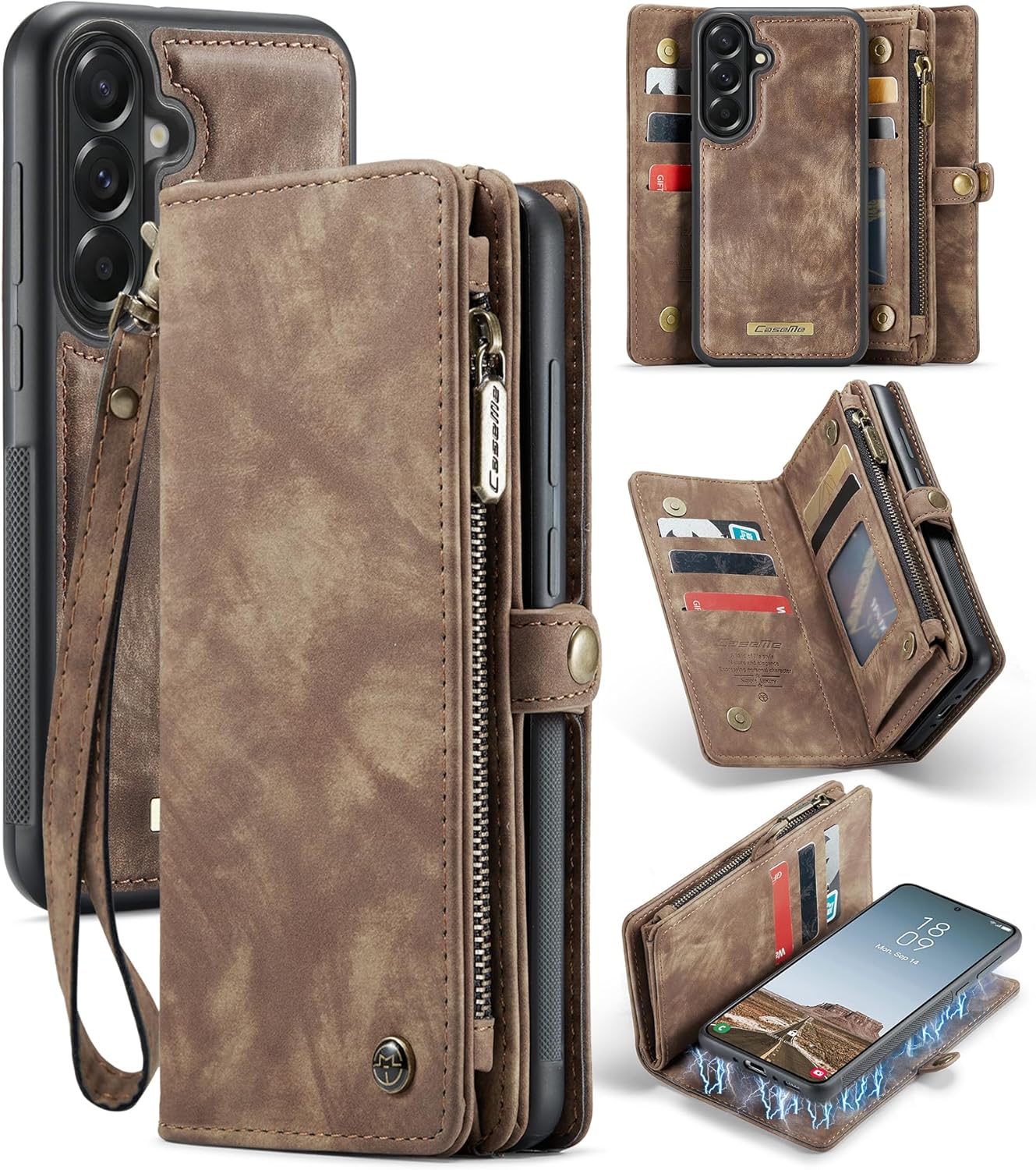 Case Compatible with Galaxy A57,Genuine Leather Wallet Detachable Magnetic Cell Phone Cover Wireless Charge Zipper Purse RFID Blocking Card Slot Holster (Wine Red, Samsung Galaxy A57)