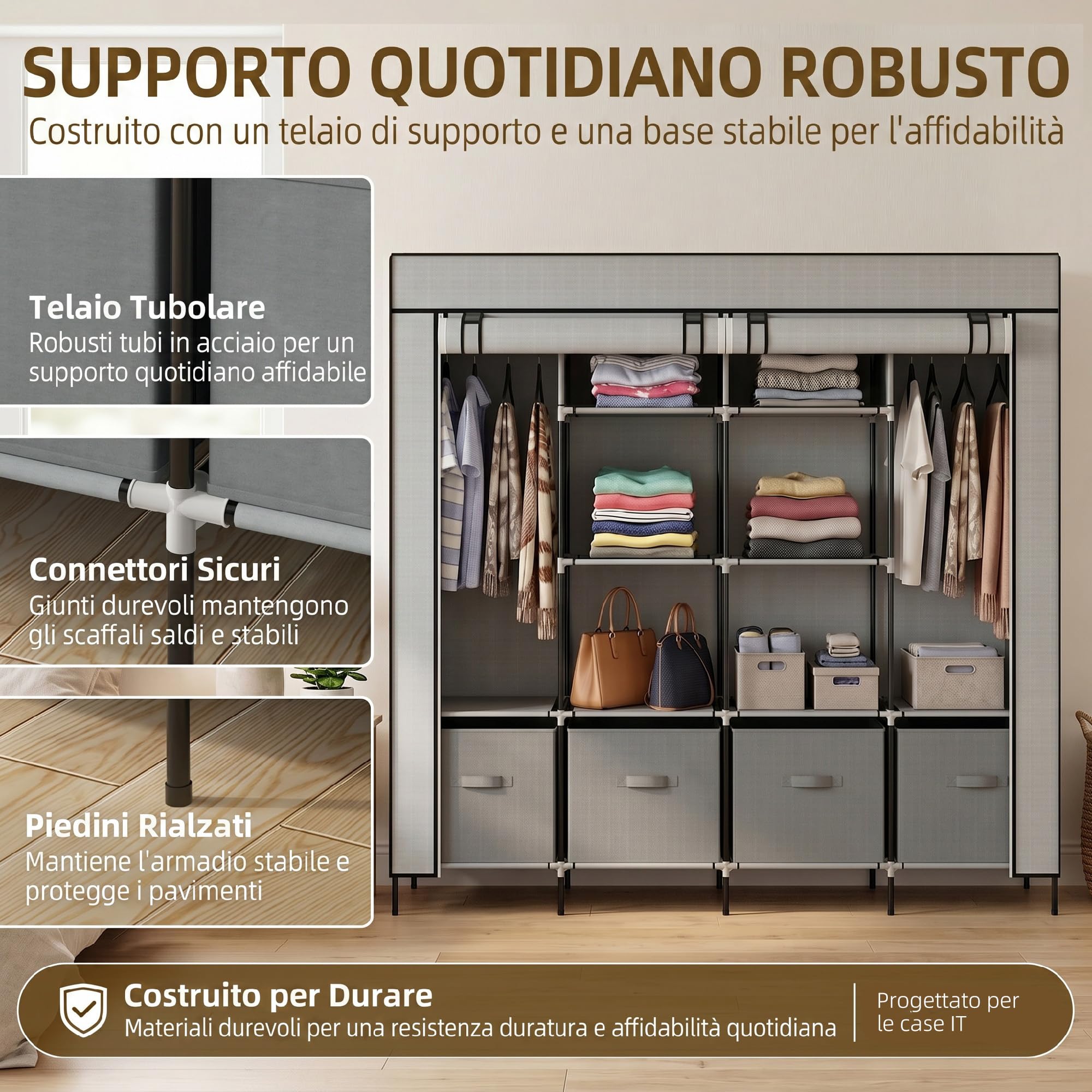HOMCOM Armario de Tela para Dormitorio Armario Portátil con 10 Compartimentos 2 Rieles Colgantes y 4 Cajones de Tela 166x42,5x169,5 cm Gris Oscuro
