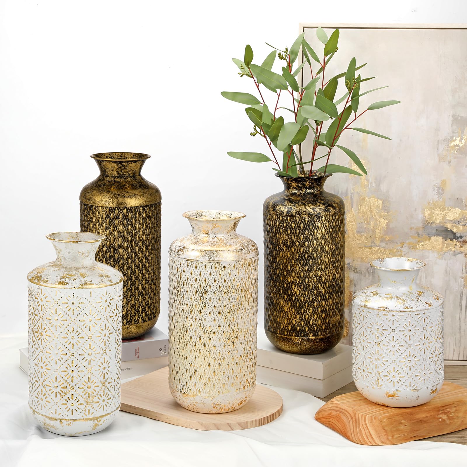 Vase à fleurs, 26 cm de haut, rustique, blanche et dorée, style shabby chic, en métal, vase décoratif pour bouquets, fleurs séchées, table à manger, décoration de bureau
