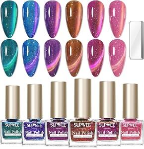 SUPWEE Quick Dry Cat Eye Nail Polish Set, Magnetic Nail Polish Non Gel | Fast Dry Holographic Glitter Lacquer Non UV 7ml 6pcs, for Women DIY at Home