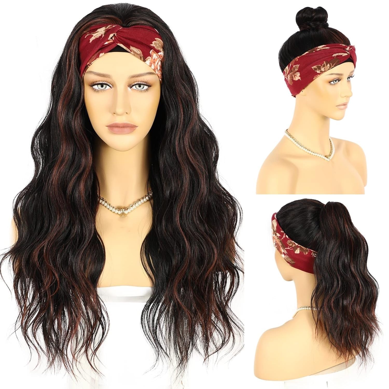 SAPPHIREWIGS Headband Wigs Synthetic Glueless Headband Wig Loose Body Wave Black Mix Red Highlight Color 150% Density Heat Friendly Headband Wigs for
