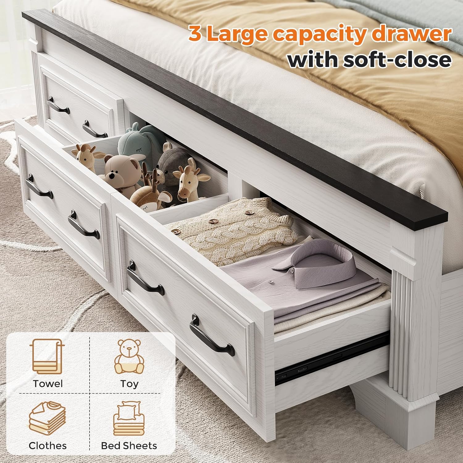Farmhouse King Size Bed Frame 51" Tall Headboard,Rustic Wood Platform Bed Frame 3 Wooden Storage Drawers 20" Tall Roman Column Decoration Footboard,Traditional Bed No Box Spring Needed-Antique White