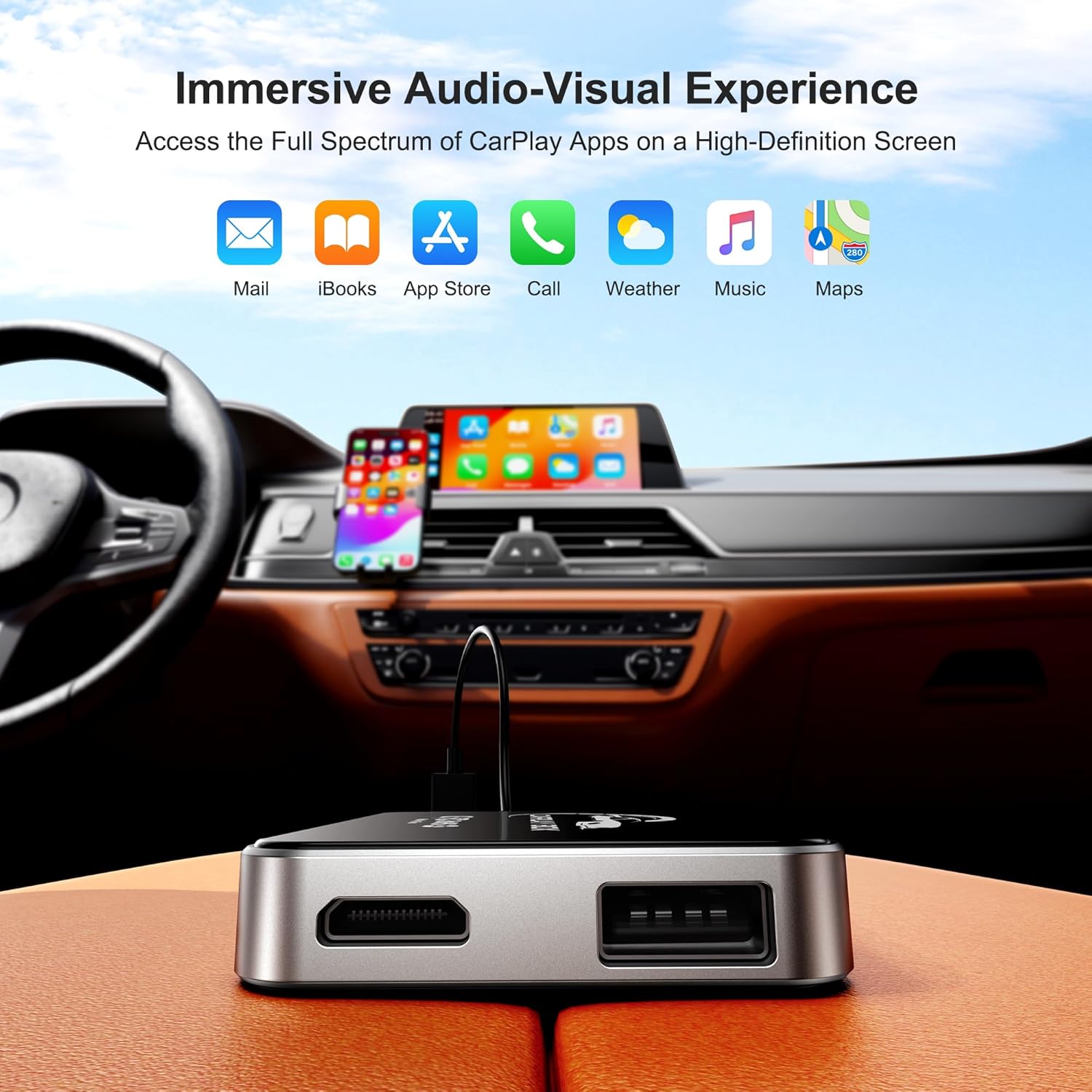 A driver using voice control (Siri) in a car, with insets showing touch screen, OEM rotary, and steering wheel controls, demonstrating ultimate convenience.