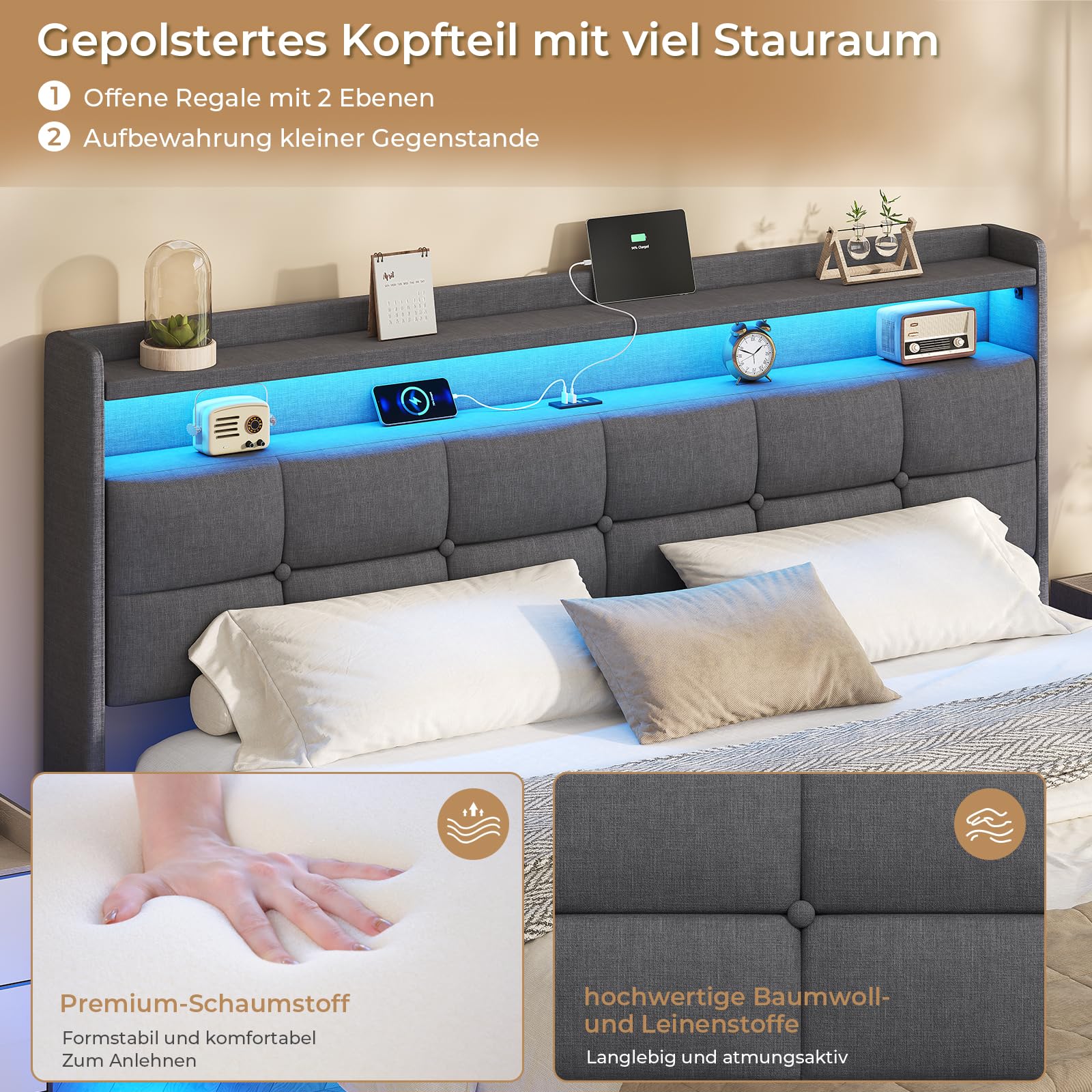 AOGLLATI Polsterbett 140x200 cm, Doppelbettgestell, Bettrahmen mit LED-Beleuchtung und Ladestation, Bettgestell mit Kopfteil, Bett Schwebebettrahmen, Metallbett, Leinen, Dunkelgrau (ohne Matratze)