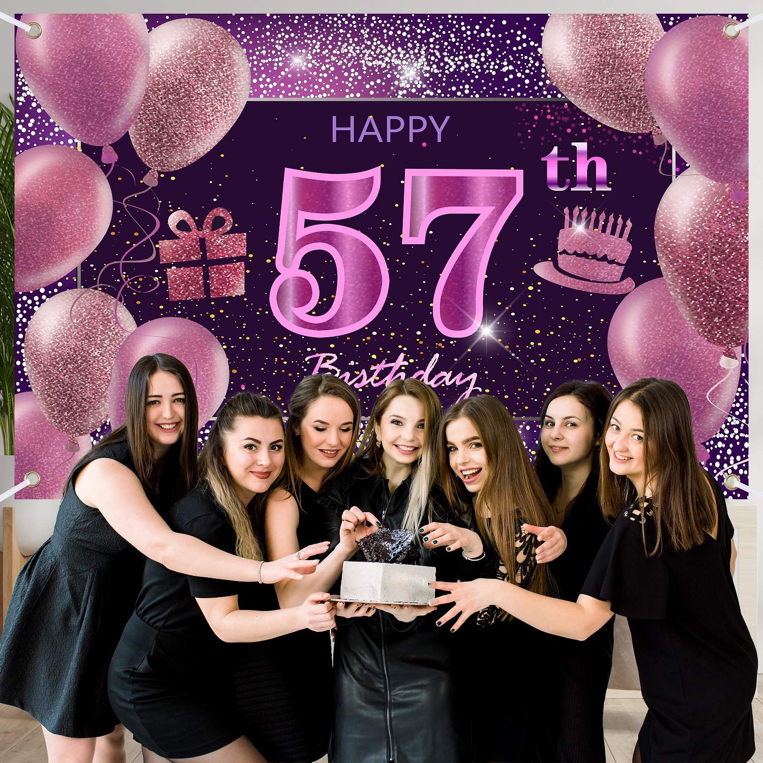 PAKBOOM Happy 57th Birthday Backdrop Banner – Pink Purple Gold Theme, 4x6 Ft Fabric Banner - View #5