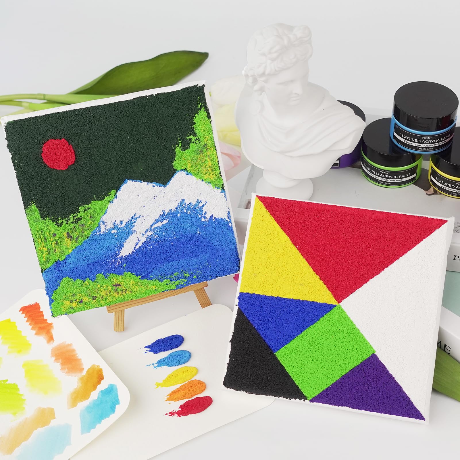 Funto kit de pintura acrílica texturizada,12 colores vibrantes con herramientas y lienzos. Perfecto para manualidades y arte, apto para todos los niveles. Suministros seguros y no tóxicos.