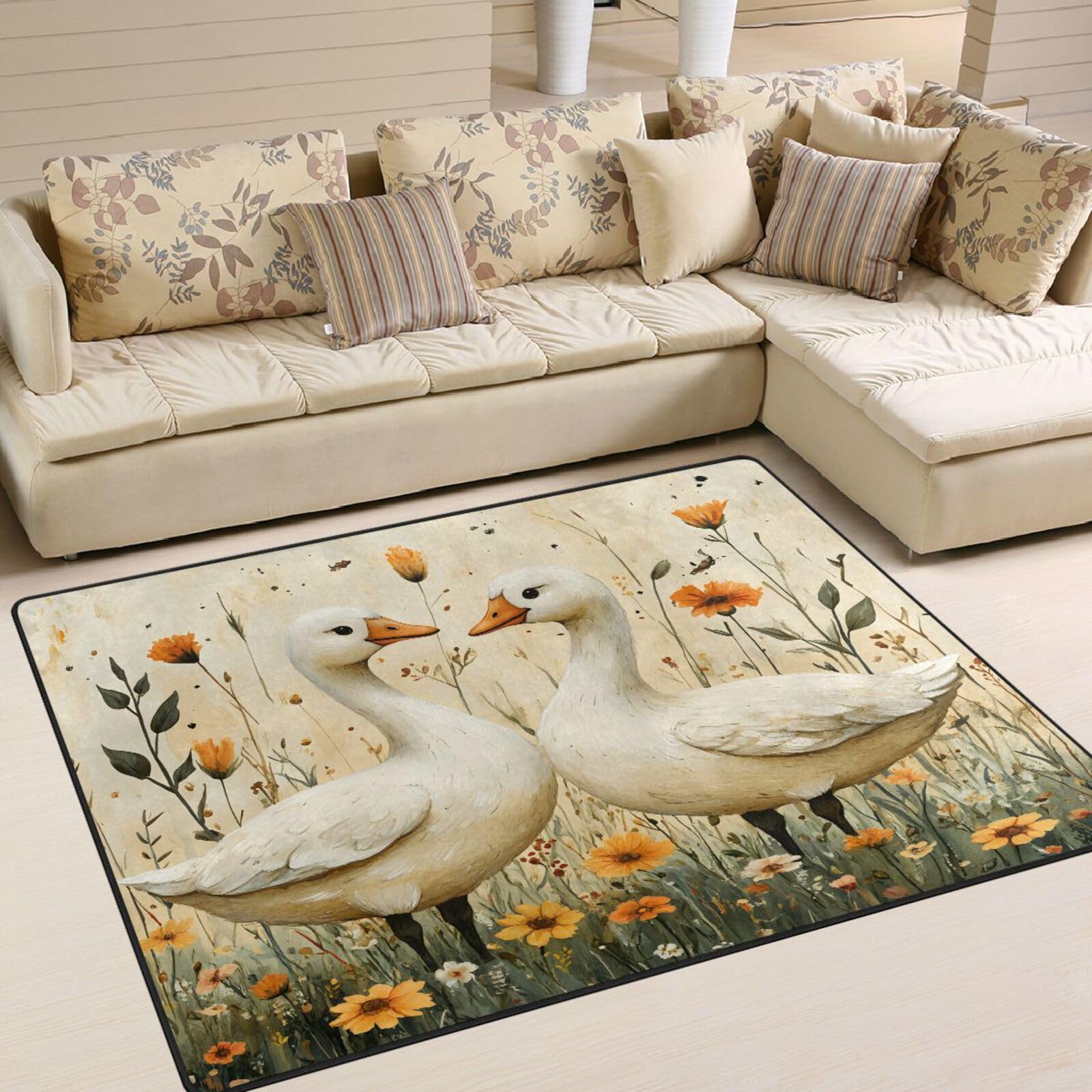 Mnsruu Grand tapis 160 x 122 cm, motif fleurs de canard vintage, tapis de sol contemporain pour salon, chambre à coucher, tapis doux