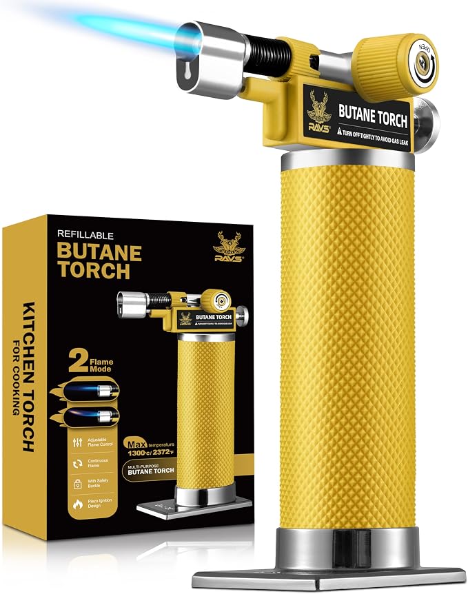 RAVS DUAL Flame Mode Butane Torch Lighter, Refillable Kitchen Torch, Metal Body Creme Brulee Torch for Baking, Cooking, Resin Art with Adjustable Flame, Green Soldering Torch, Butane Gas Not Included