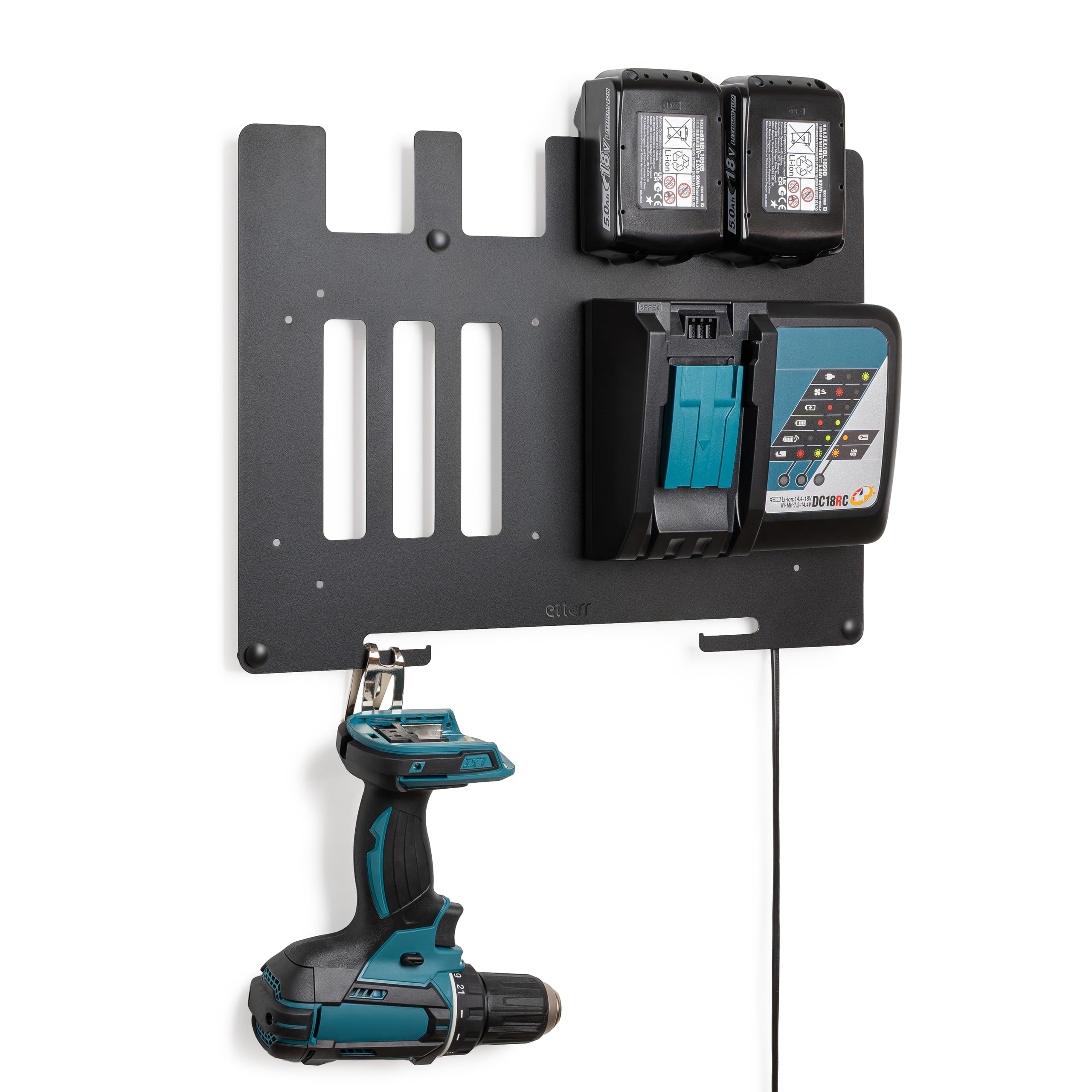 • Support métallique mural pour batteries et chargeurs Makita 18 V LXT • Compatible avec DC18RC et DC18RD • Station de charge • Panneau d'outils et crochet de perceuse