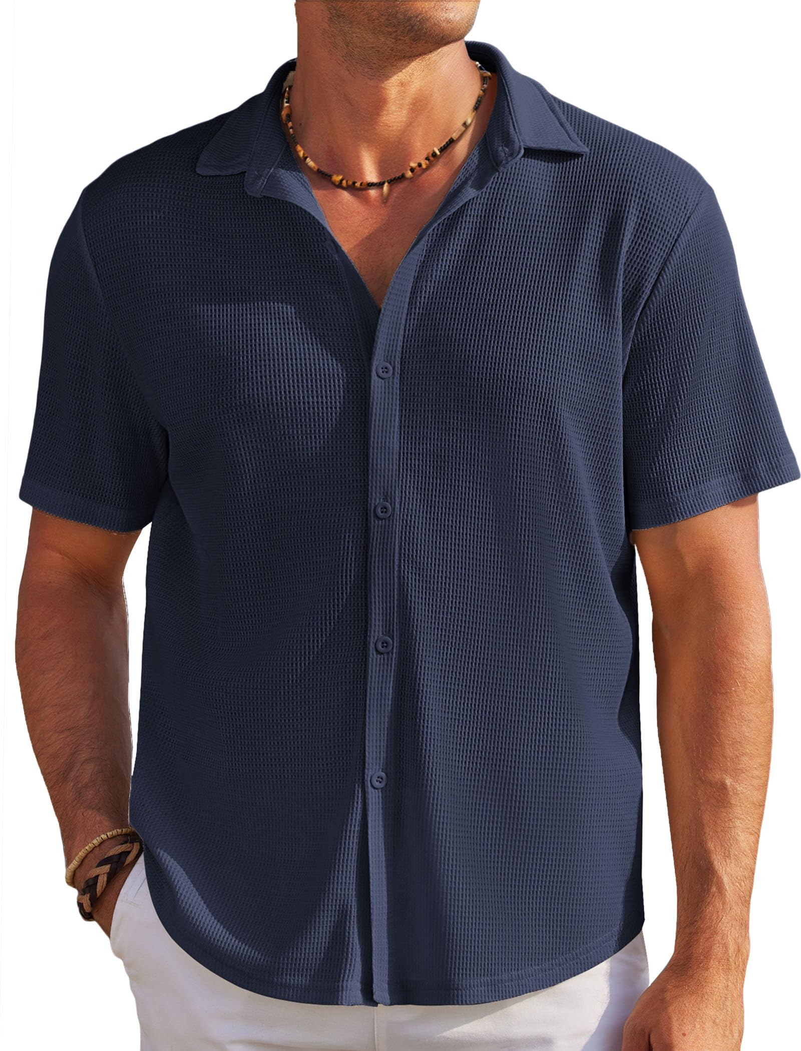 COOFANDY Men's Casual Shirts Short Sleeve Waffle Knit Button Down Shirt Wrinkle Free Summer Beach Tops