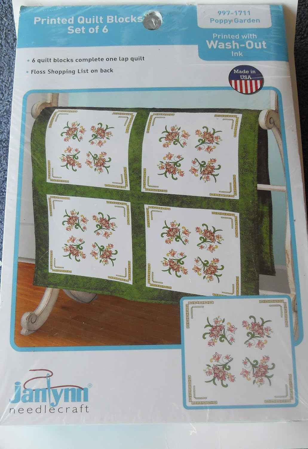 Janlynn Stamped Quilt Blocks Poppy Garden 997-1711 - Enough to Complete 1 Quilt - 6 Quilt Blocks