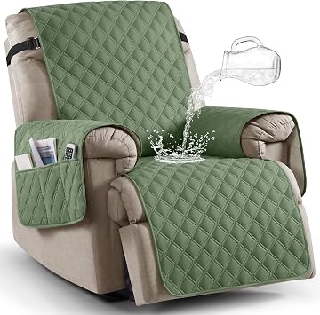 100% Waterproof Recliner Chair Covers, Non-Slip Reclining Covers for Recliner Chair Washable Chair Cover, Recliner Covers with Pockets for Kids, Dogs, Pets Fern Green, 30
