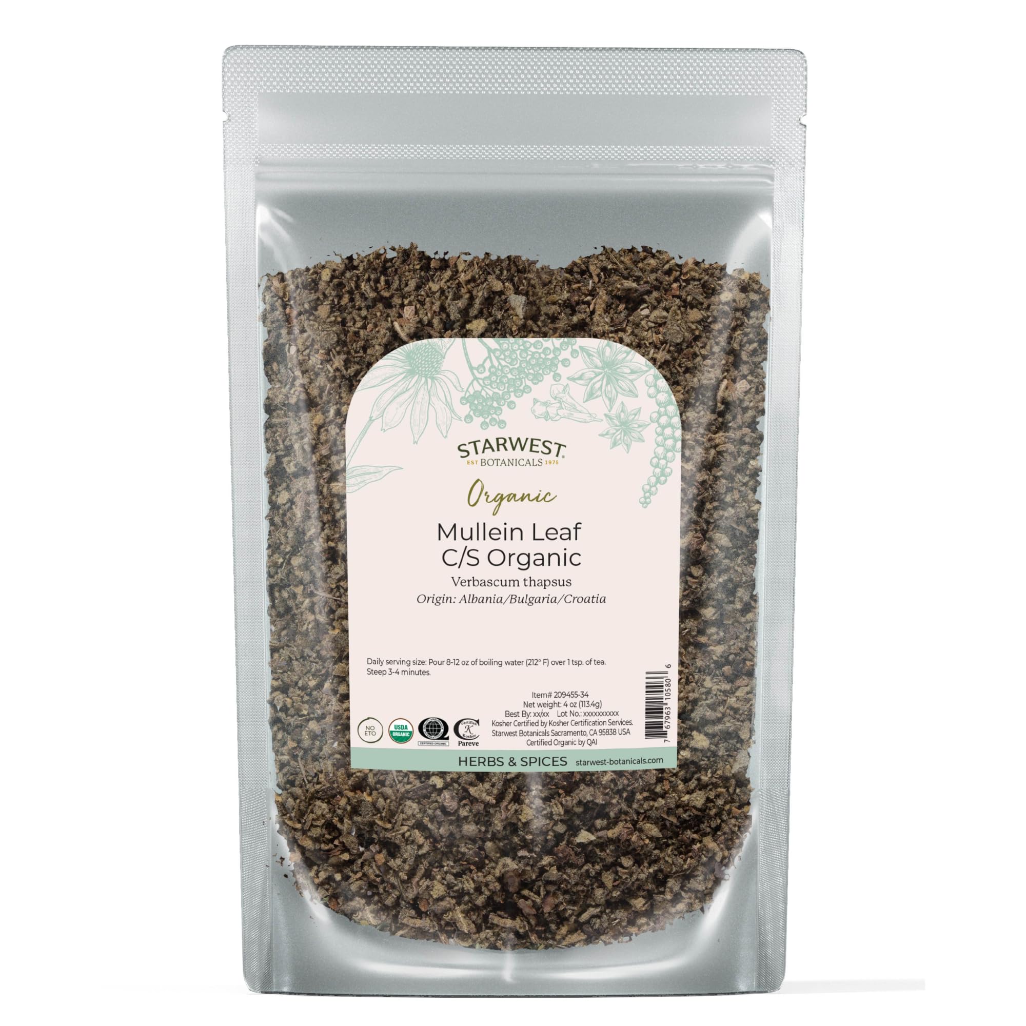 Starwest Botanicals Organic Mullein Leaf - Dried Loose Leaf Herb for Tea, Cut & Sifted, Certified Kosher, Non-GMO - 4 oz Pouch
