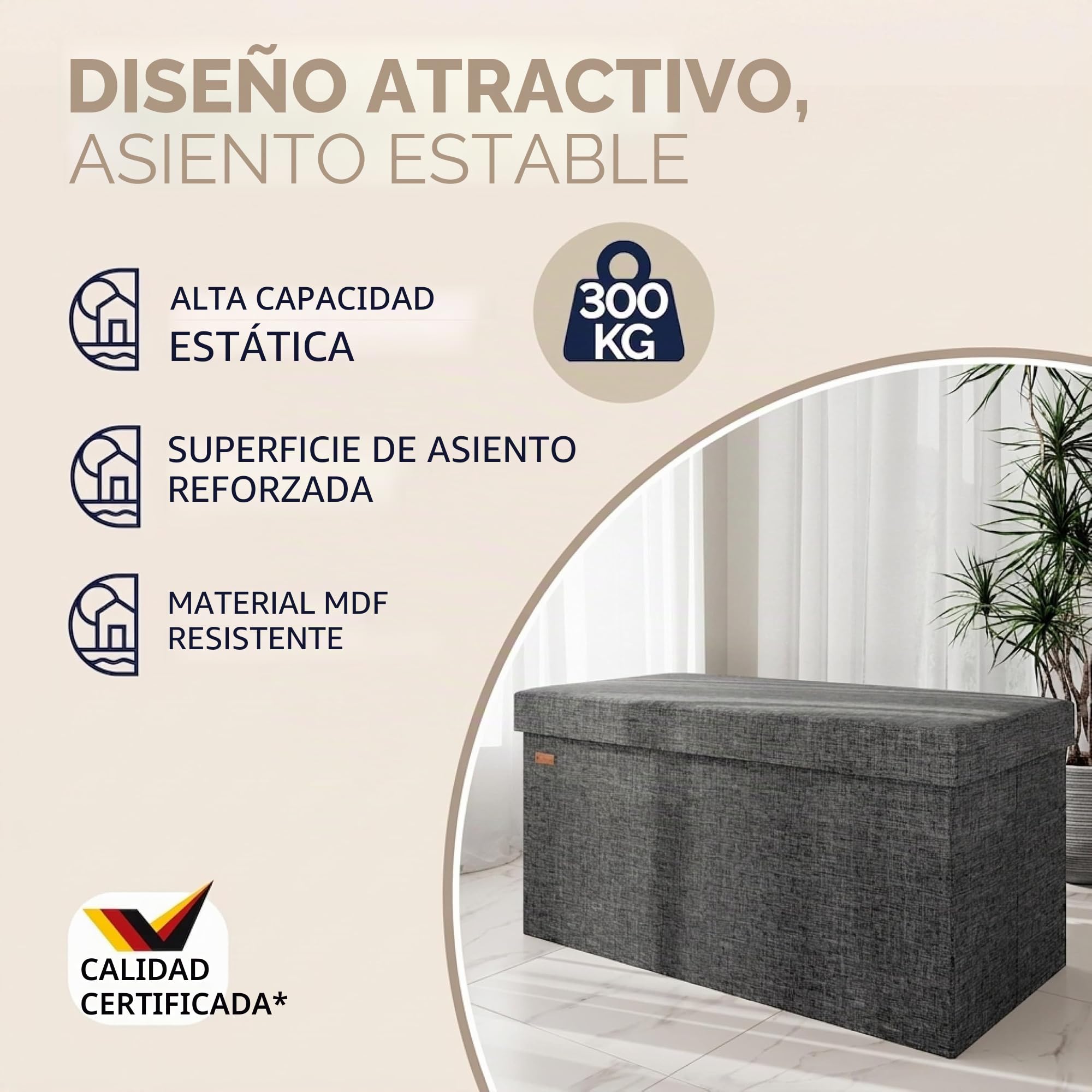 CASARIA® Banco Almacenaje Plegable Puff Reposapiés Otomana Almacenamiento Salón Dormitorio Capacidad Carga 300kg Resistente Efecto Lino 80x40x40cm Gris Oscuro