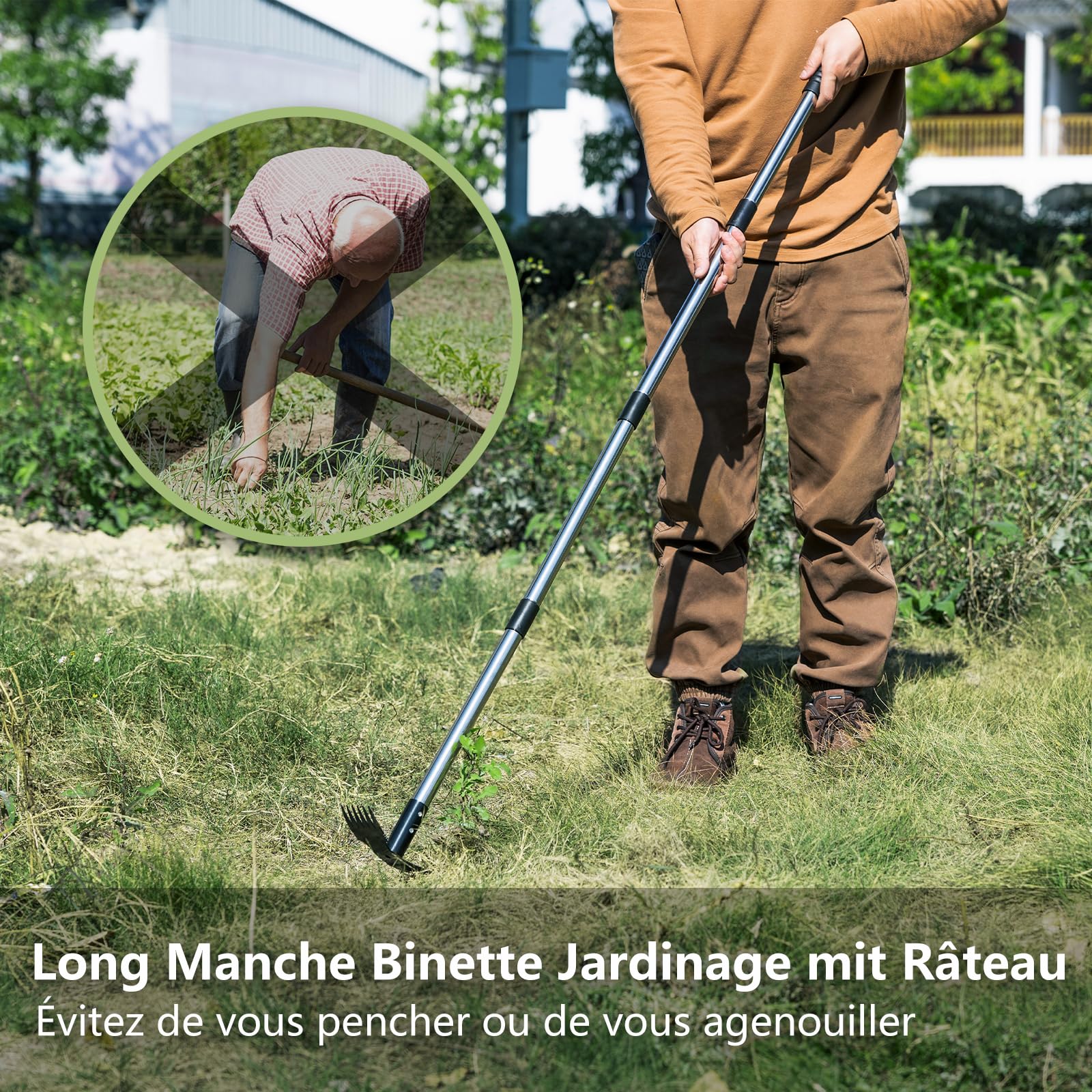Mitclear Binette Jardinage avec Manche Long(148cm), Outils de Jardin avec Binette et Râteau de Désherbage, Desherbeur Manuel, Houe de Jardin avec 6 Griffes pour Ameublir, Aérer et Désherber Le Sol