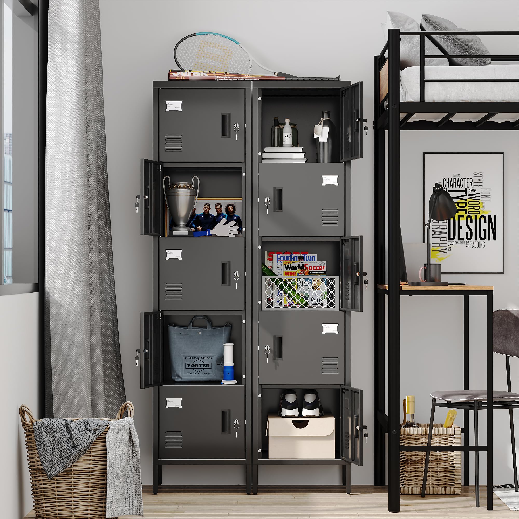 Metallschrank mit Lüftungslöchern, 5-türiger Metallschrank, mit Namensschildfach, Geeignet für Schule, Büro und Zuhause, Zum Selbstaufbau, 168 cm x 40 cm x 40 cm, Schwarz