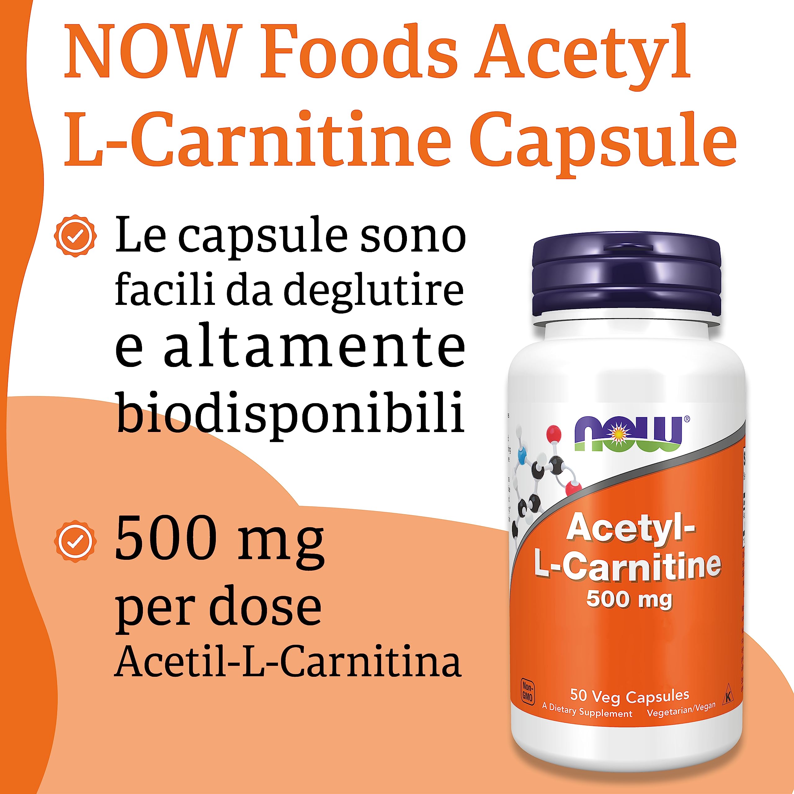 Now Foods, Acetyl-L-Carnitin, 500 mg, 50 Capsule vegan, Testato in Laboratorio, Aminoacido, Senza Glutine, Senza Soia, Vegetariano
