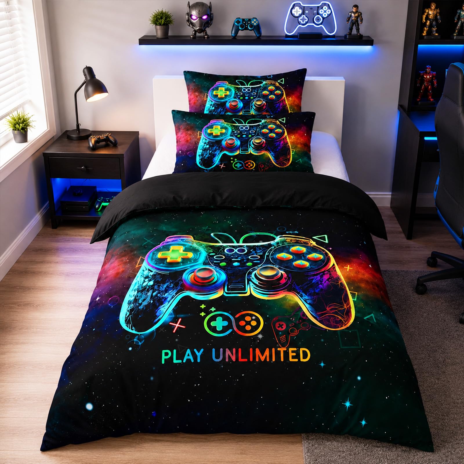 Onperpoe Single Duvet Cover Set, Boys Gaming Bedding 135x200 cm, Boys Single Bed Duvet Cover Set, Gamer Gifts Bedding Set, Soft Microfiber Duvet Cover with 2 Pillowcases