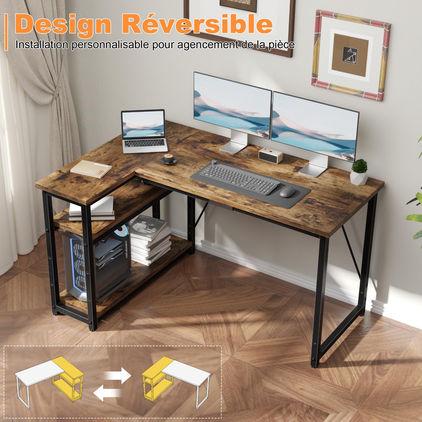 TRIUMPHKEY Bureau d'angle 120x80x75CM avec 3 Etagères Réversible à Gauche ou à Droite, Bureau Forme L pour Domicile, Marron