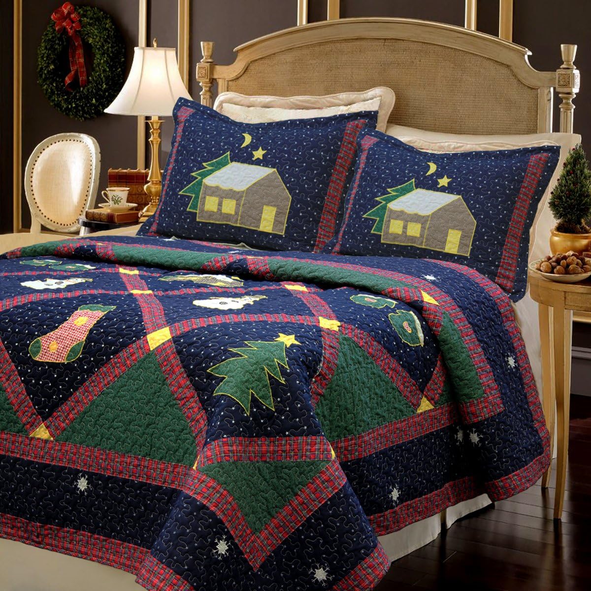 Holiday Christmas 2-Piece Twin Patchwork Quilt Bedding Set, Silent Night Winter Starry Sky Cabin, Soft Lightweight Coverlet Bedspread