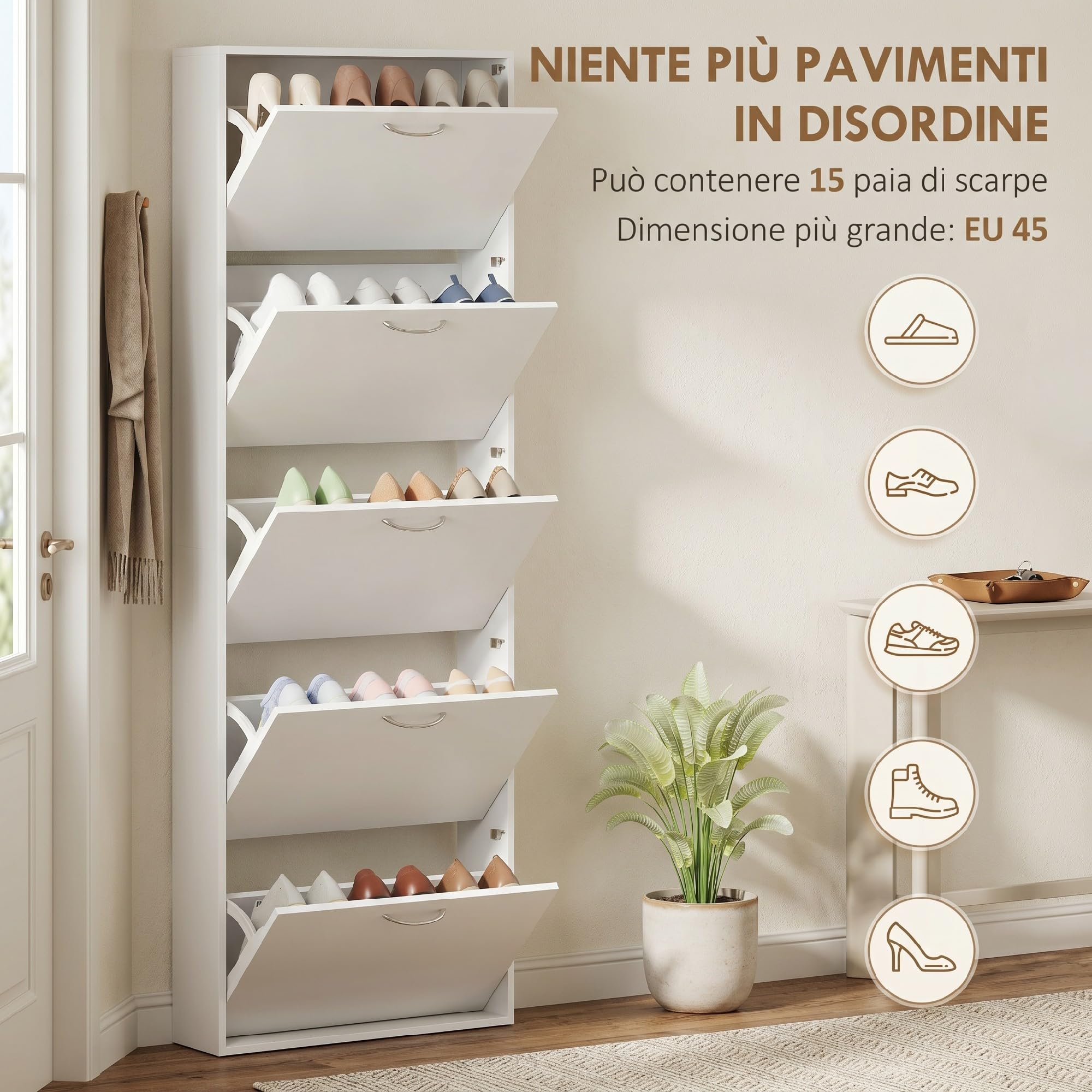 HOMCOM Scarpiera Salvaspazio Slim Alta 5 Ante 65x17x180.5 cm Bianco | Ante a Ribalta, Porta Scarpe per 15 Paia con Maniglia, Mobiletto Ingresso con Piano Superiore Portaoggetti