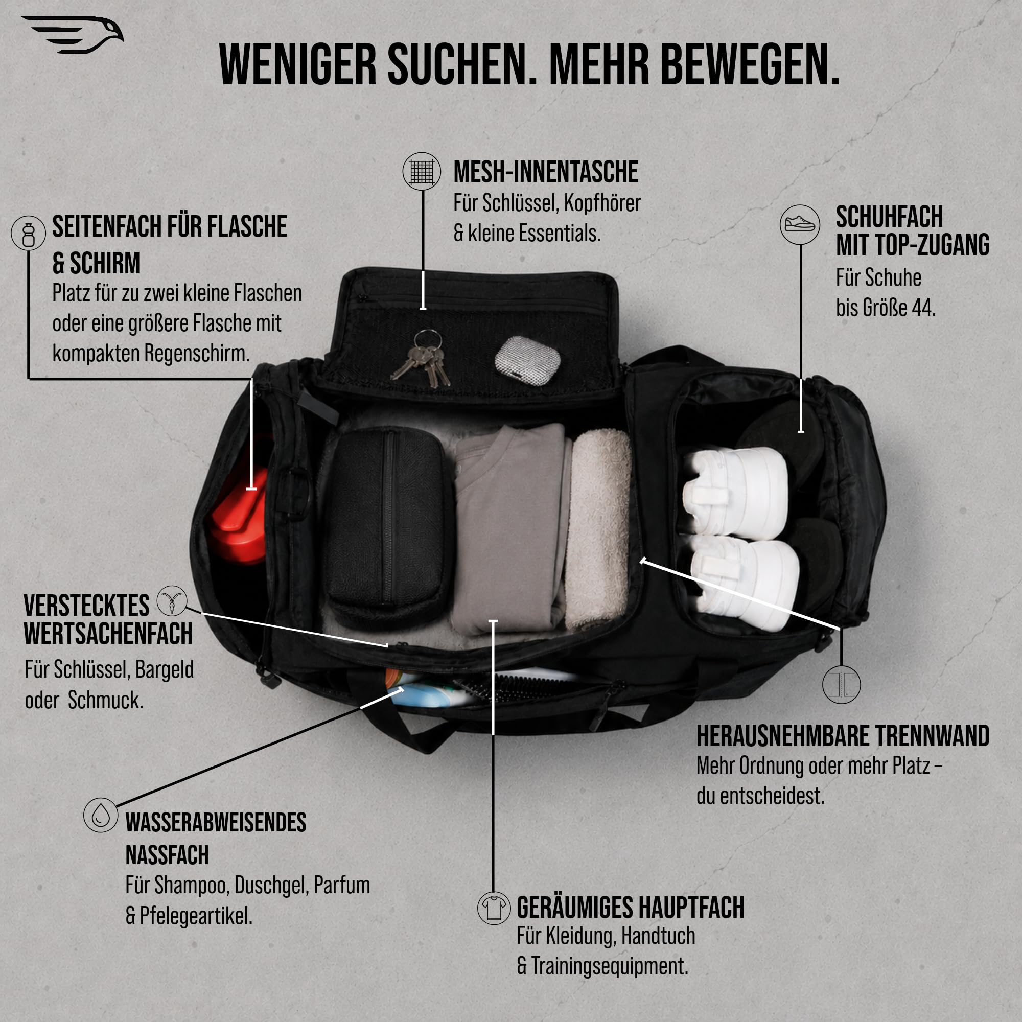 Major Move Sporttasche mit vertikalem Schuhfach, Nassfach, Rucksackfunktion | 41 L Trainingstasche mit Top-Zugang zum Schuhfach, Trennwand, 4 Tragearten, Koffer-Sleeve, formstabil und wasserabweisend