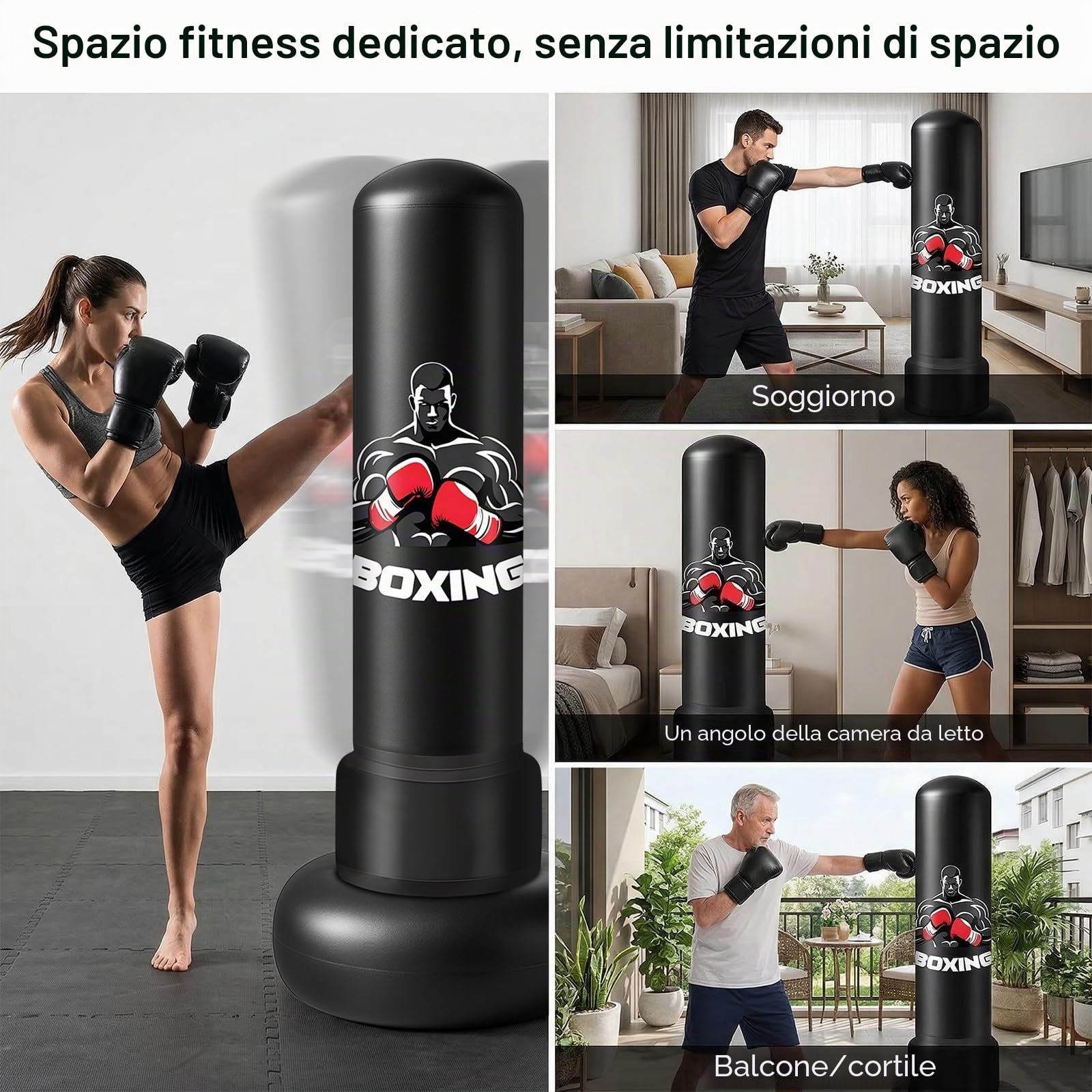 Sacco da Boxe Autoportante 180 cm, in PVC Rinforzato da 0.35mm Gonfiabile con Guantoni e Pompa Ideale per Adulti, Giovani, Arti Marziali, Fitness