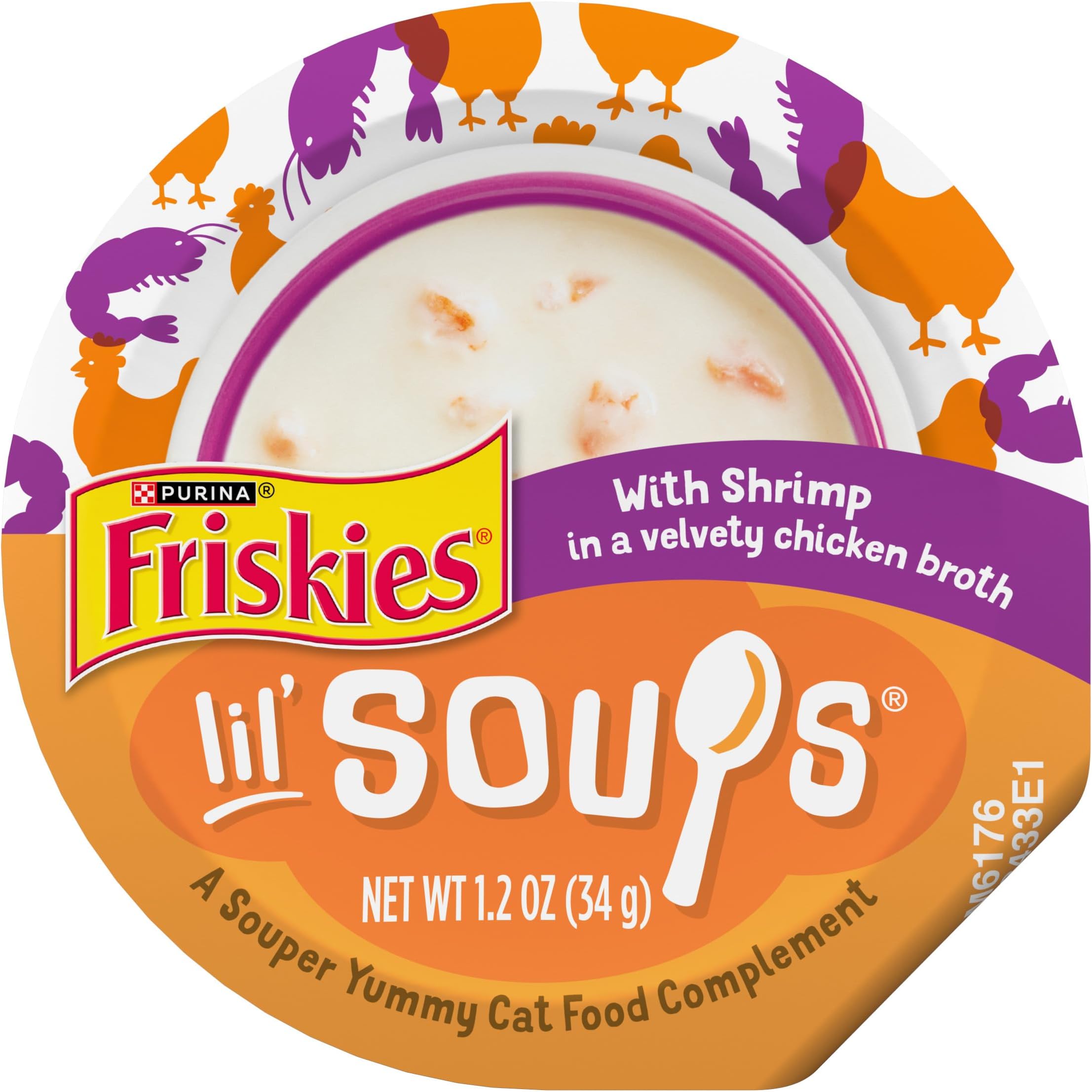 - Purina Friskies Grain Free Lickable Cat Food Toppers Lil’ Soups With Shrimp in a Velvety Chicken Broth - (Pack of 8) 1.2 oz. Cups