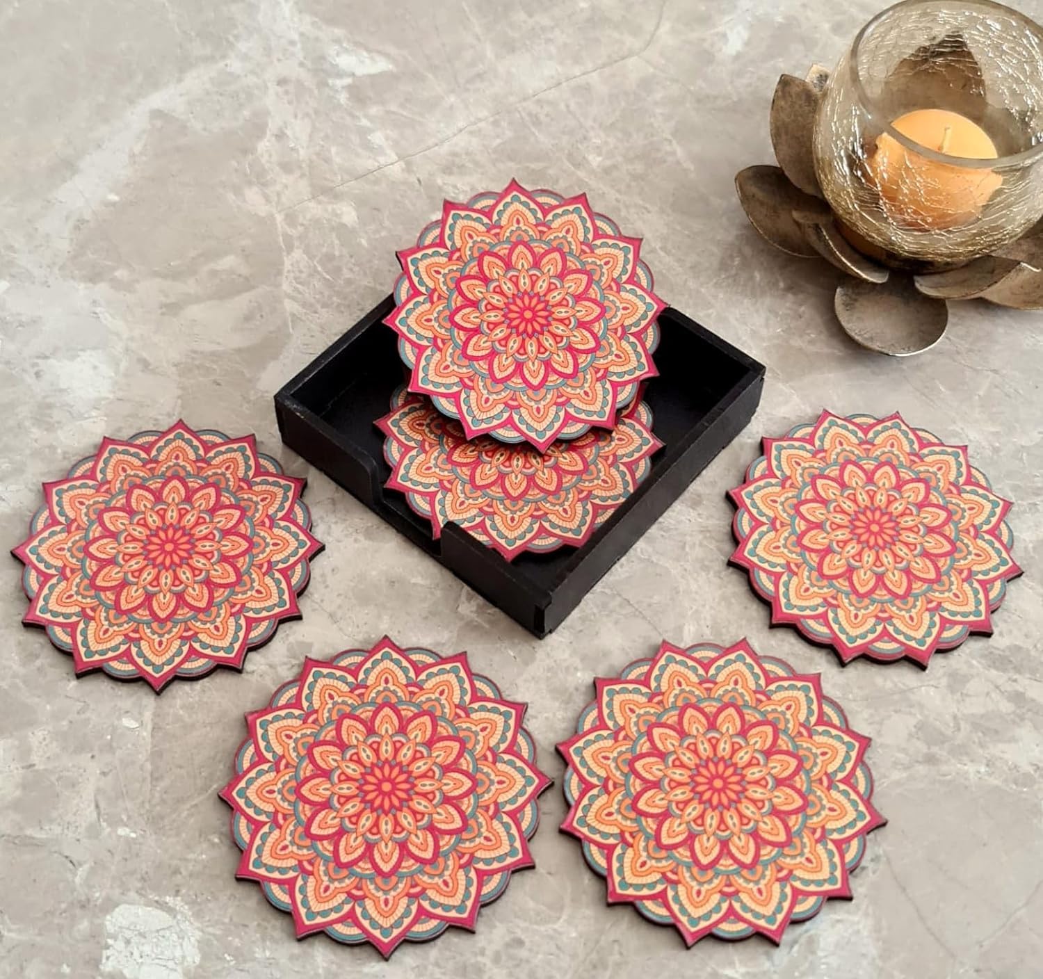 Tea Coasters Set of 6, Beautiful Design with Stand for Tea Cups, Coffee Mugs, and Glasses, Ideal for Diwali Gifting (Red Mandala)