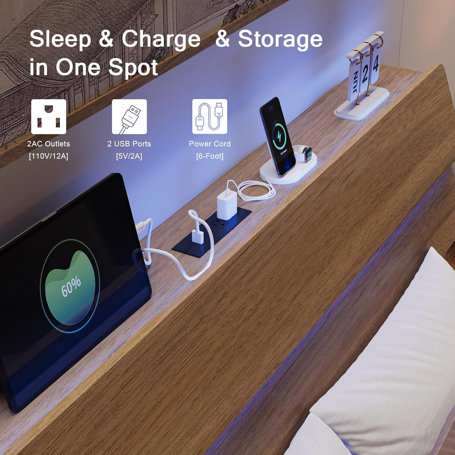 Bed Frame Queen Size with Charging Station, Led Bed Frame with Wood Storage Headboard, Heavy Duty Metal Slats, No Box Spring Needed, Noise Free, Easy Assembly, Walnut